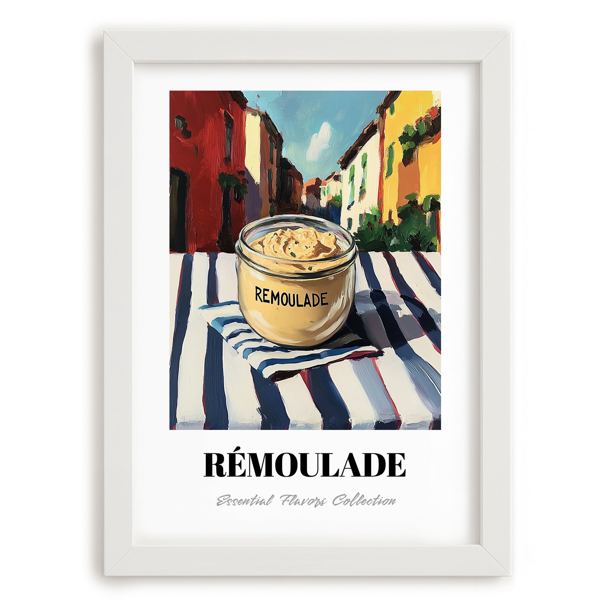 Remoulade – Italian Street Café Scene, Dry Goods Wall Decor, placed in minimal white frame