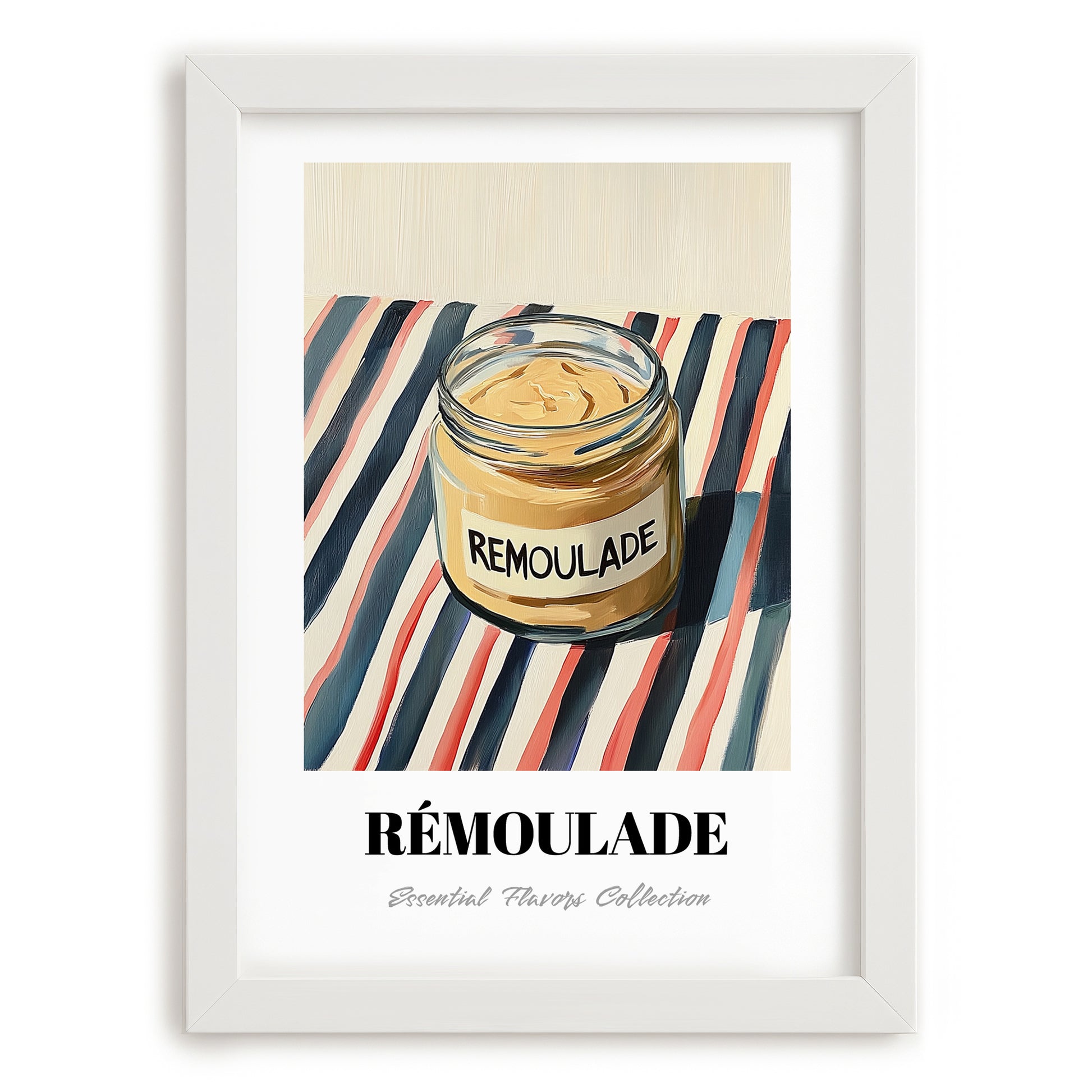 Remoulade – on Striped Tablecloth, Shelf Stock Painting, placed in minimal white frame