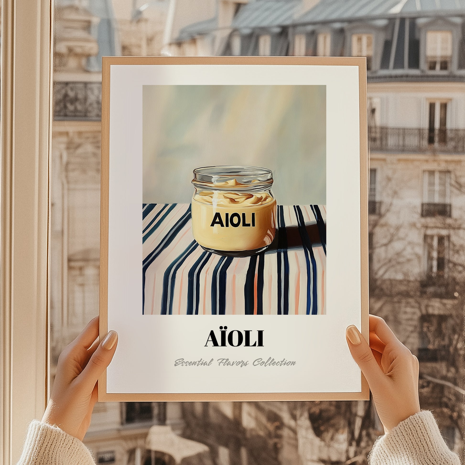 Aioli – on Striped Tablecloth, Kitchen Storage Painting, styled in a charming Paris street view