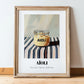Aioli – on Striped Tablecloth, Kitchen Storage Painting, in wooden frame leaning on the floor