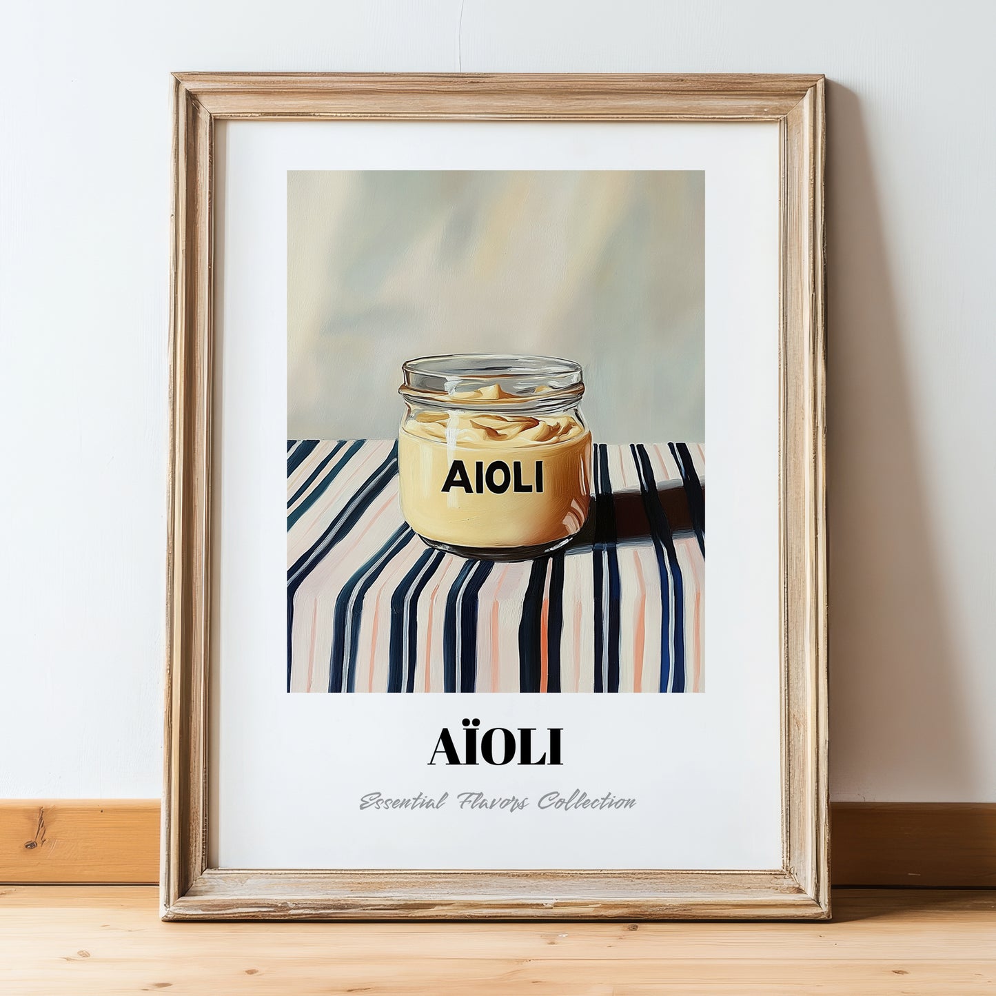 Aioli – on Striped Tablecloth, Kitchen Storage Painting, in wooden frame leaning on the floor