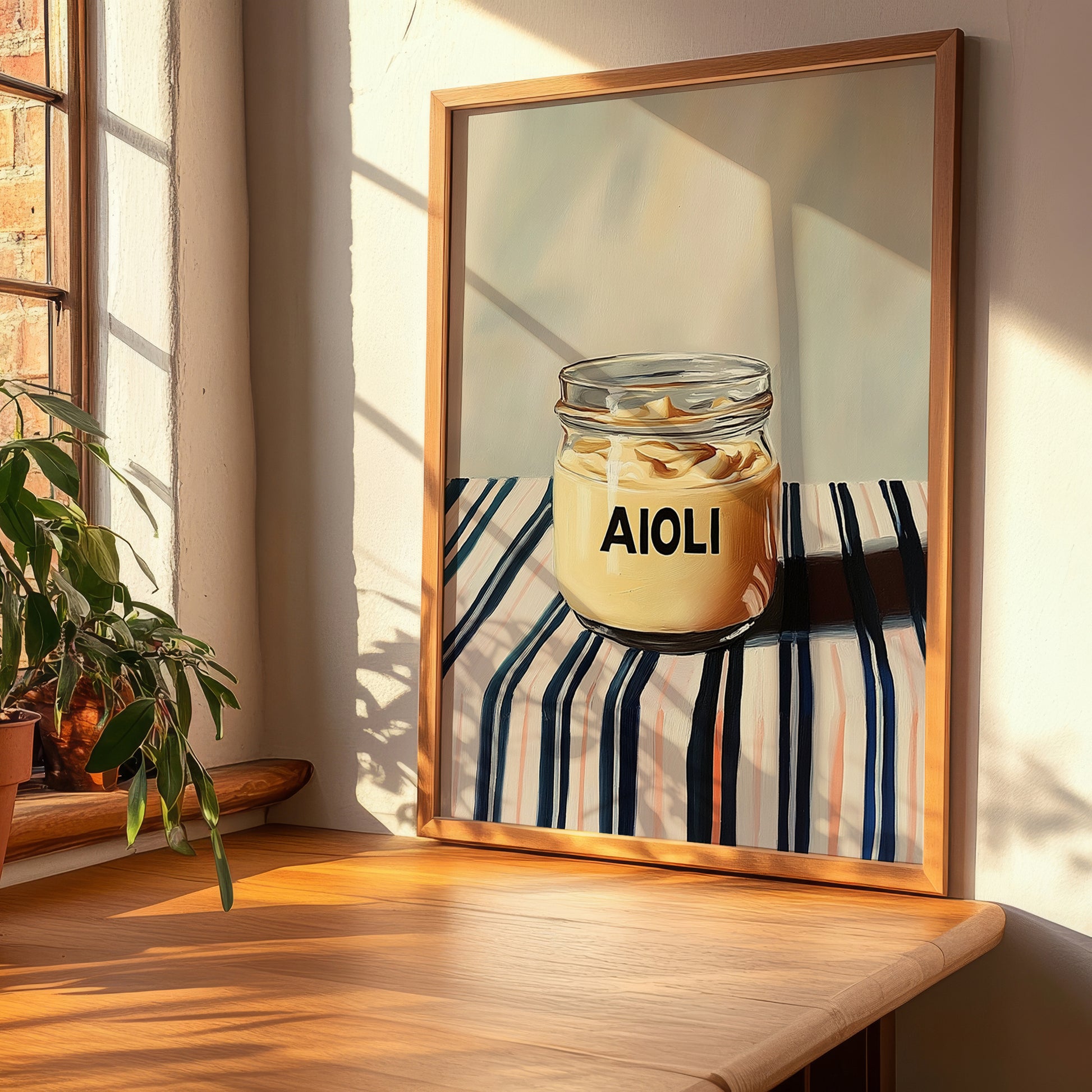 Aioli – on Striped Tablecloth, Kitchen Storage Painting, clean layout with no caption