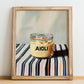 Aioli – on Striped Tablecloth, Kitchen Storage Painting, no-text version framed in wood