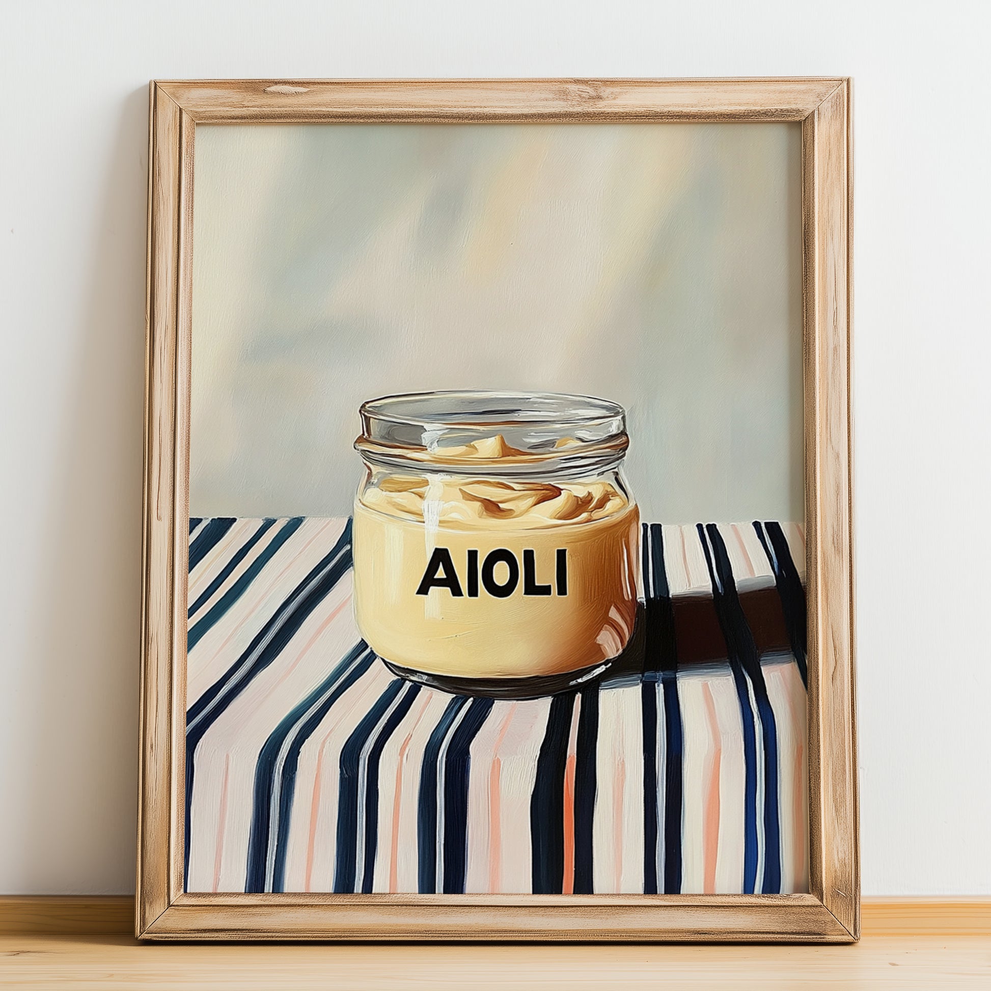 Aioli – on Striped Tablecloth, Kitchen Storage Painting, no-text version framed in wood