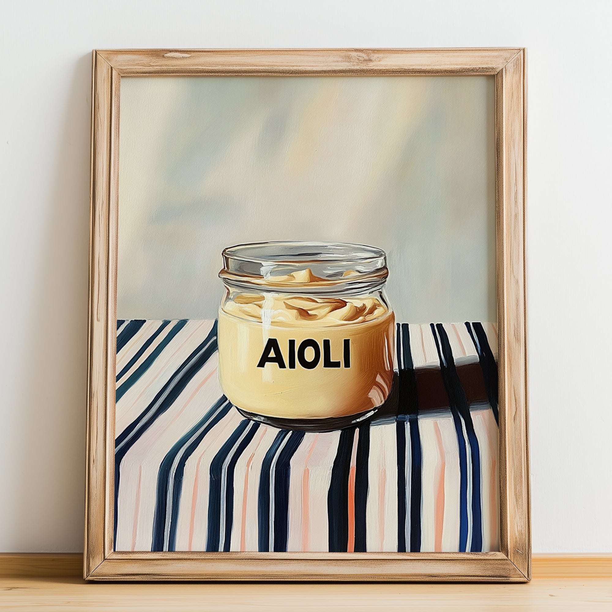 Aioli – on Striped Tablecloth, Kitchen Storage Painting, no-text version framed in wood
