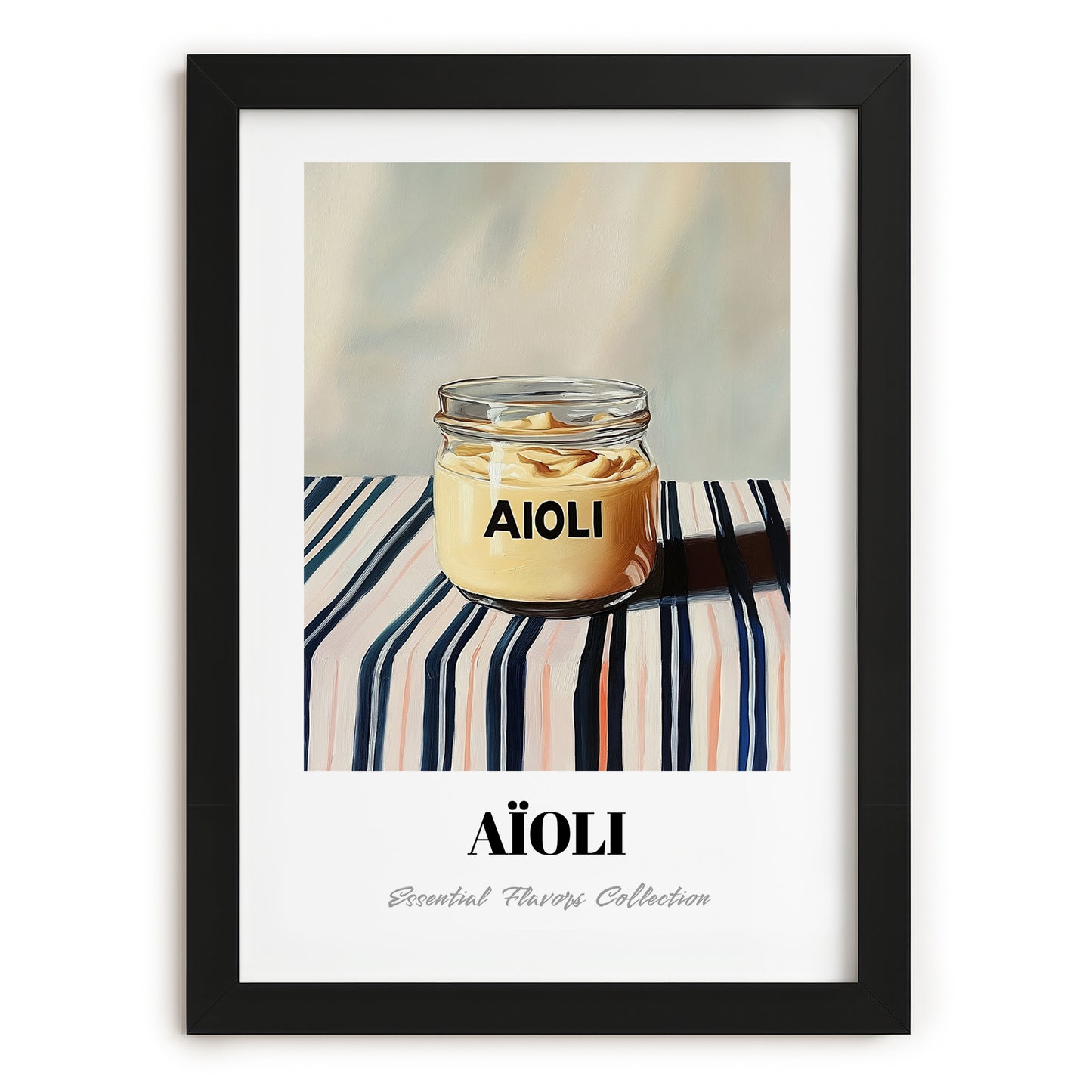 Aioli – on Striped Tablecloth, Kitchen Storage Painting, in sleek black frame