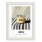 Aioli – on Striped Tablecloth, Kitchen Storage Painting, placed in minimal white frame