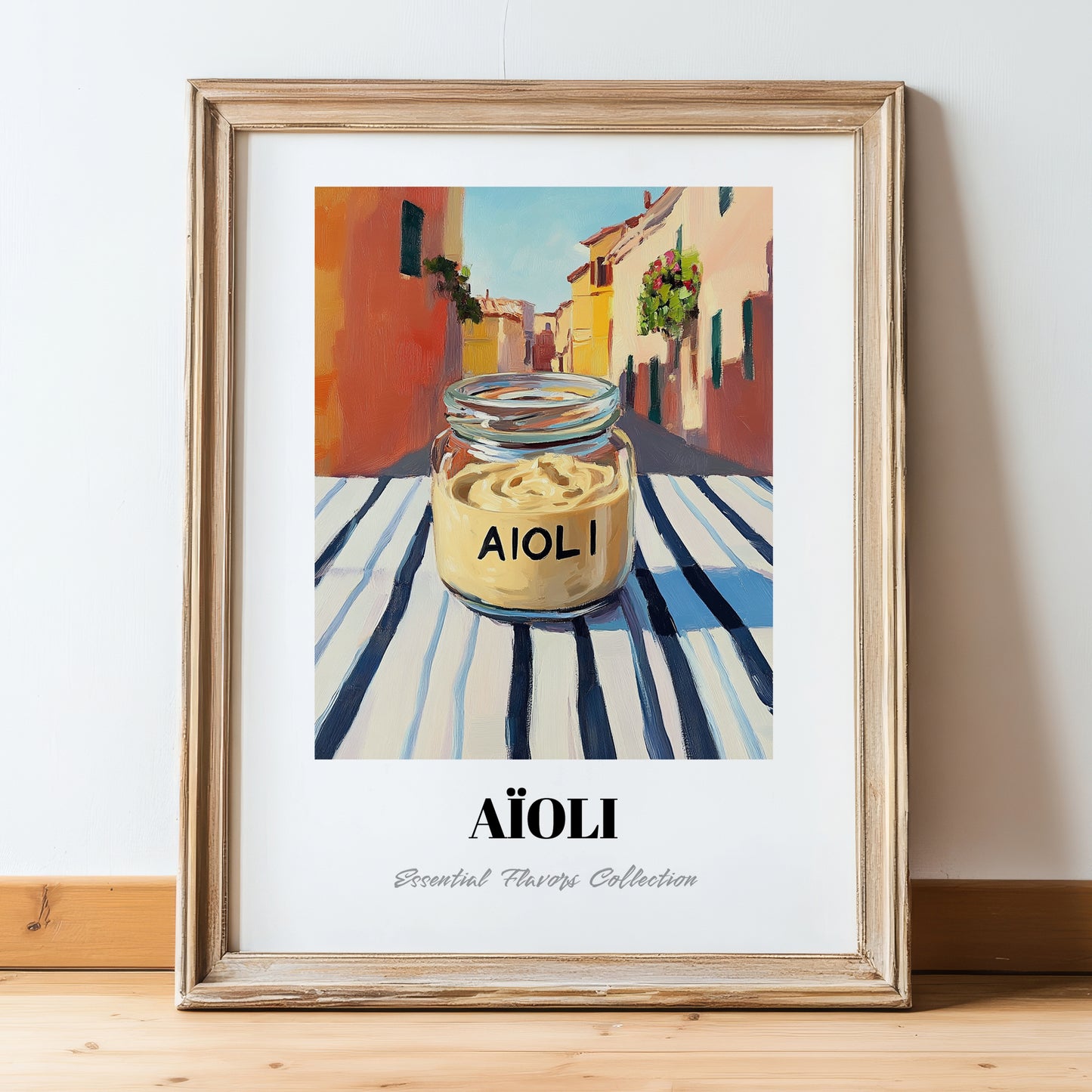 Aioli – Italian Outdoor Café Scene, Grocery Wall Decor, in wooden frame leaning on the floor