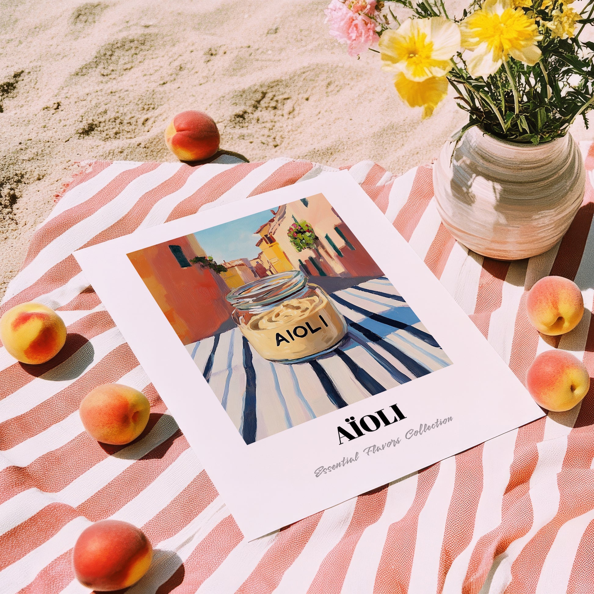 Aioli – Italian Outdoor Café Scene, Grocery Wall Decor, unframed on coastal sand