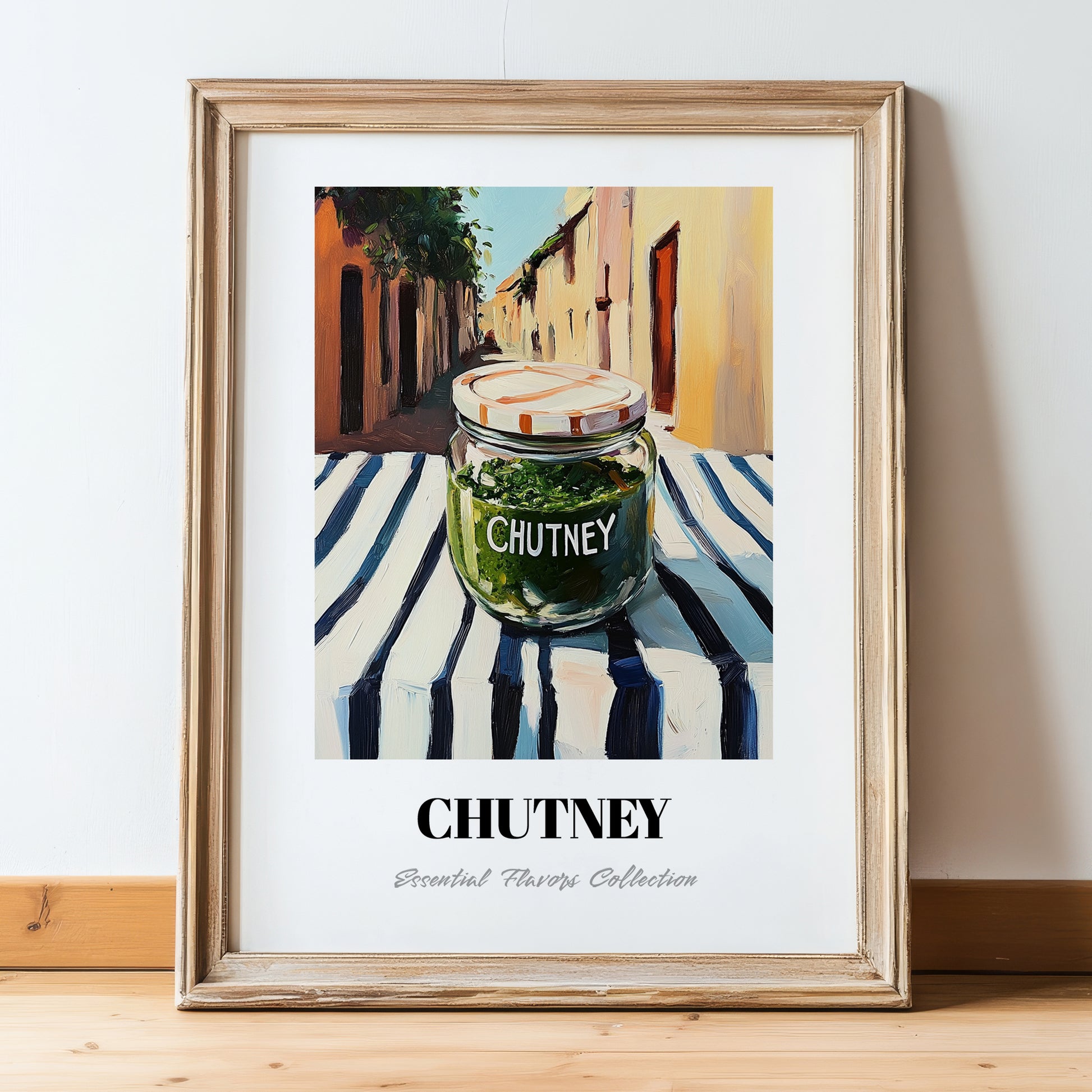 Chutney – Italian Café on the Corner, Food Shelf Illustration, in wooden frame leaning on the floor