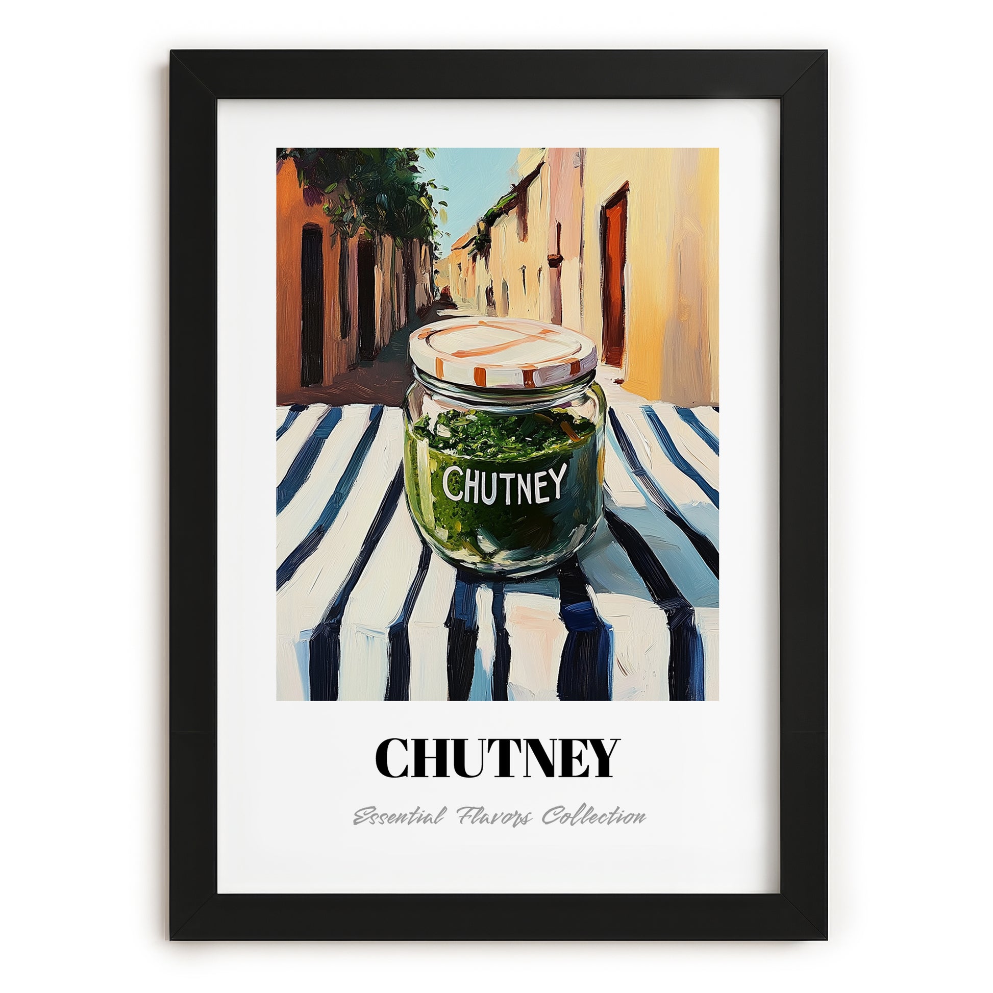 Chutney – Italian Café on the Corner, Food Shelf Illustration, in sleek black frame