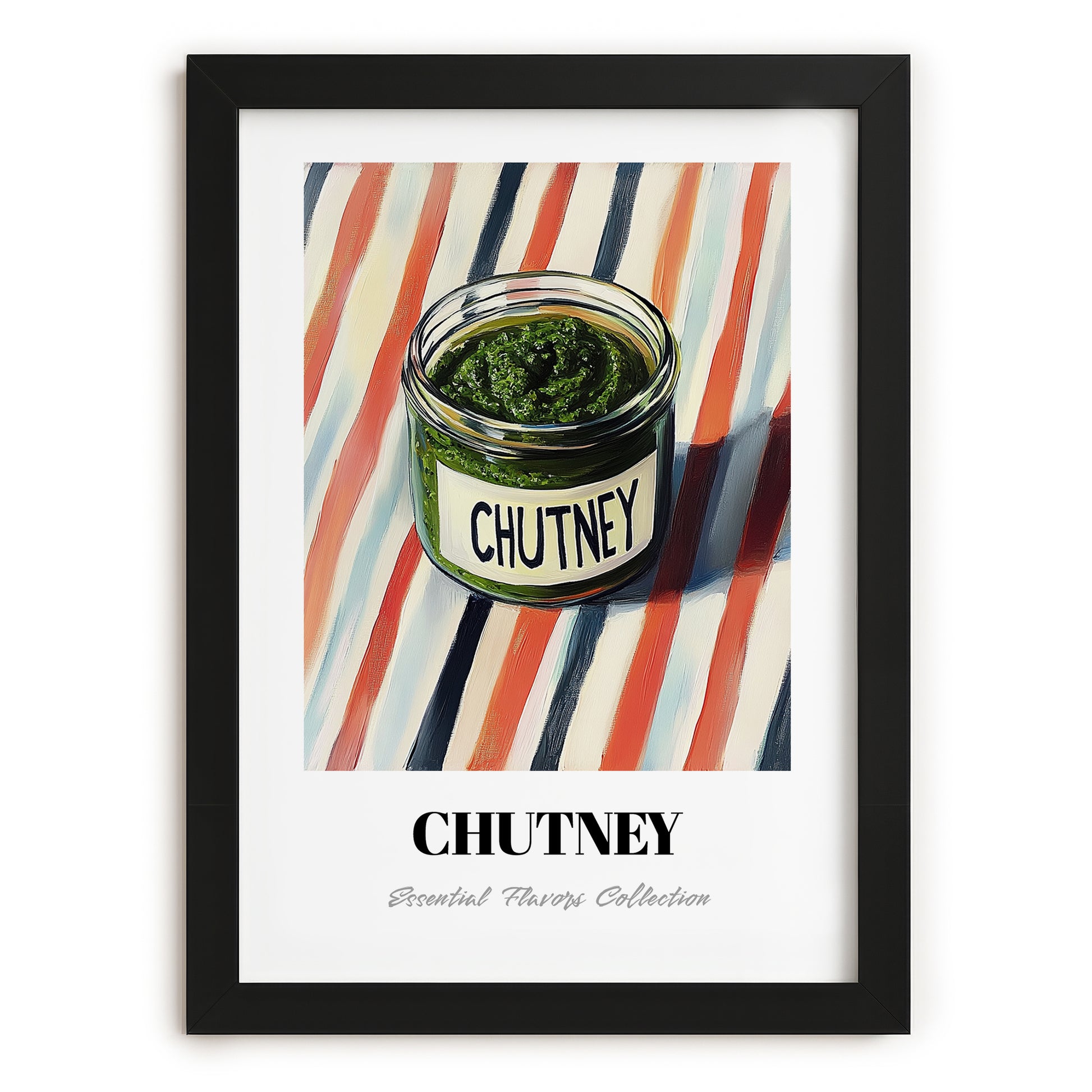 Chutney – on Striped Tablecloth, Dry Goods Still Life, in sleek black frame