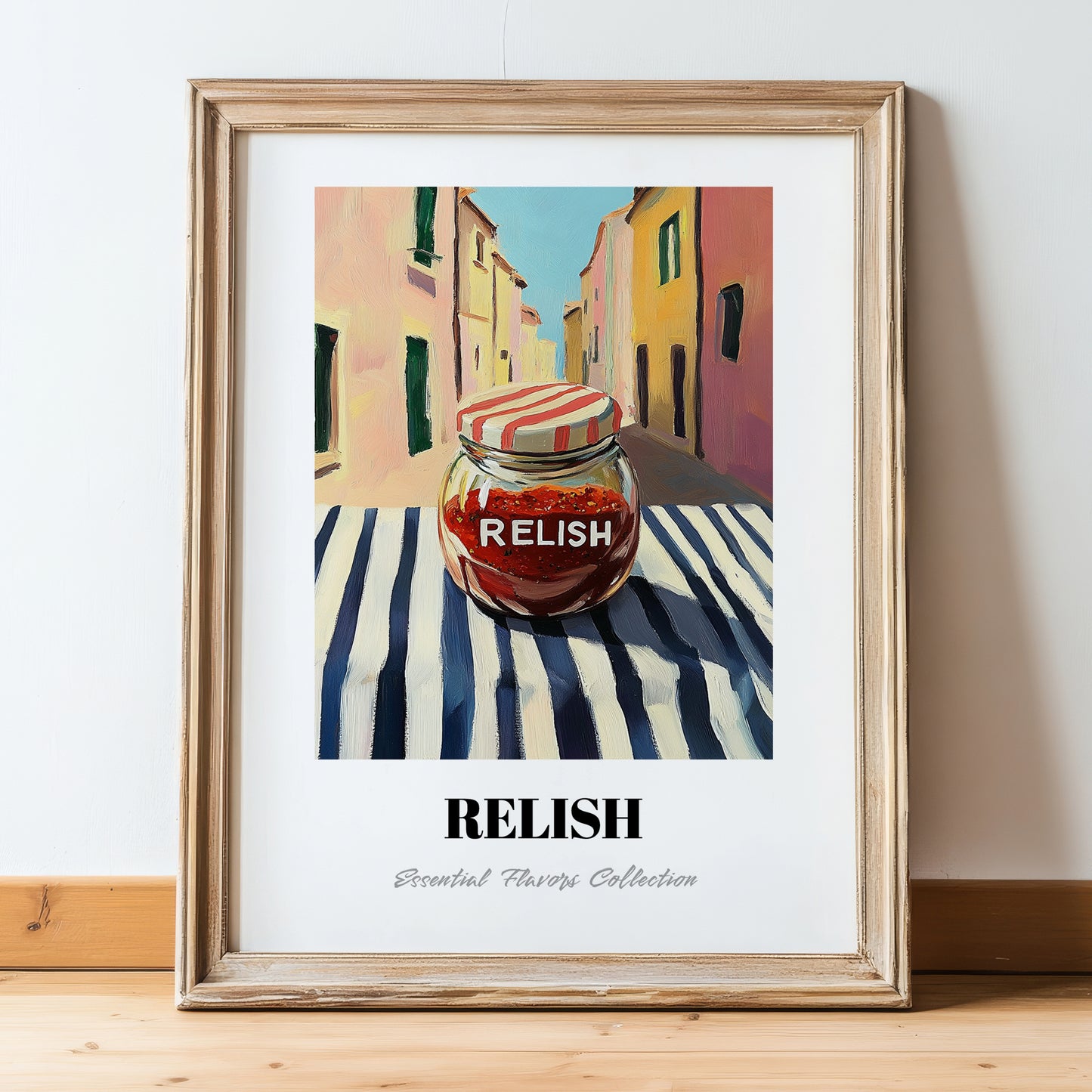 Relish – Italian Outdoor Café Scene, Grocery Still Life, in wooden frame leaning on the floor