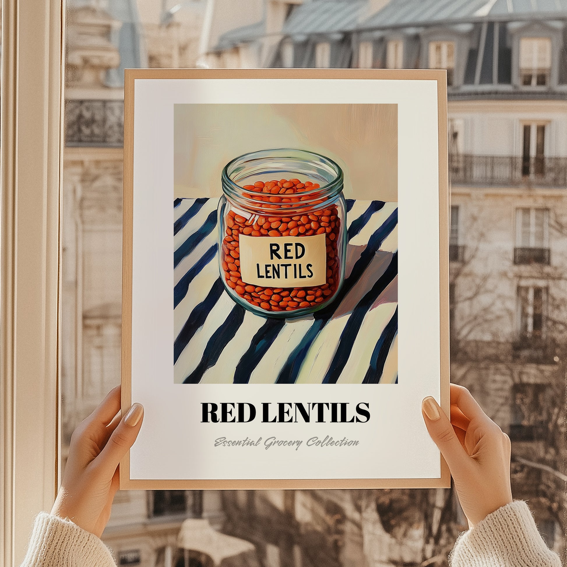 Red Lentils – on Striped Tablecloth, Pantry Painting, styled in a charming Paris street view