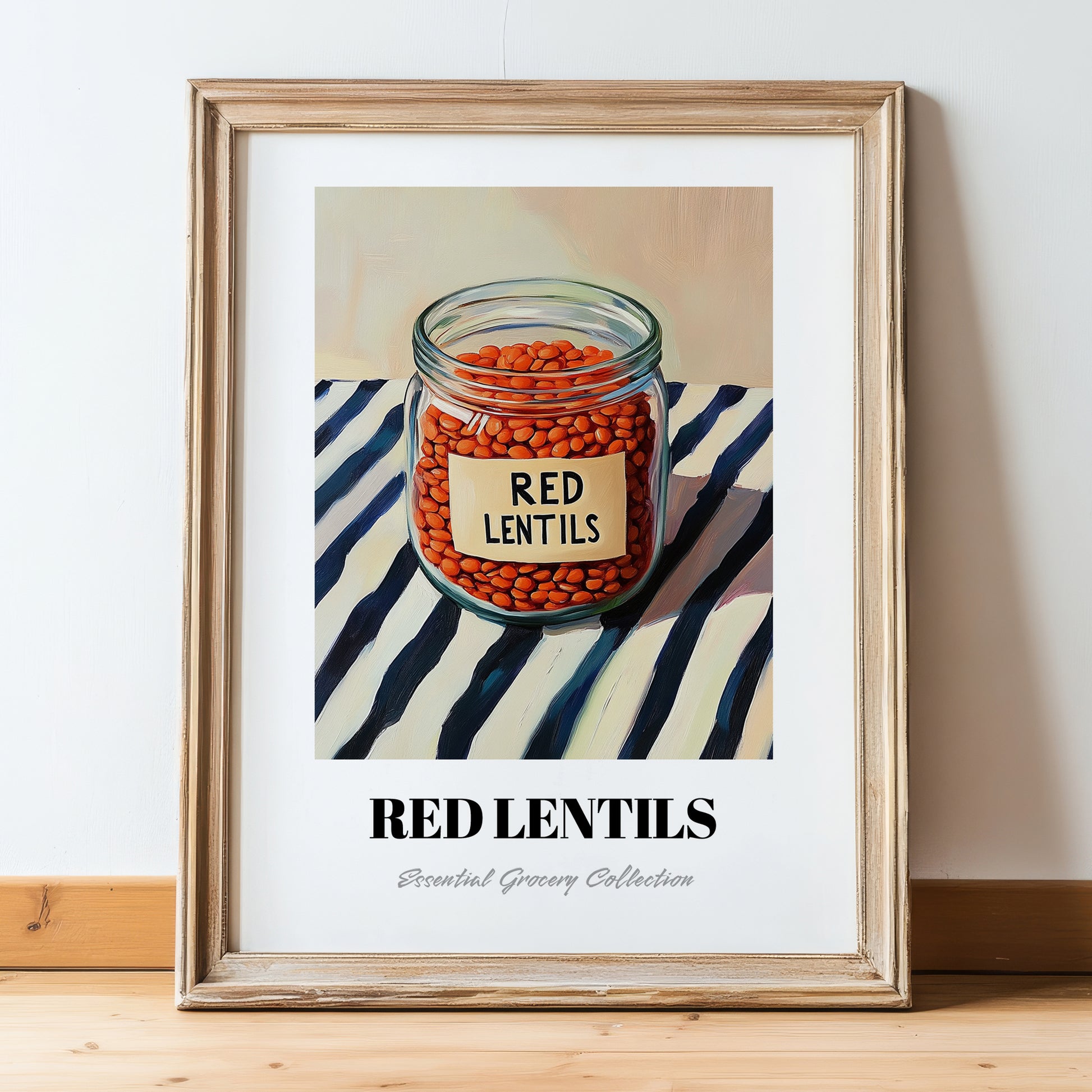 Red Lentils – on Striped Tablecloth, Pantry Painting, in wooden frame leaning on the floor
