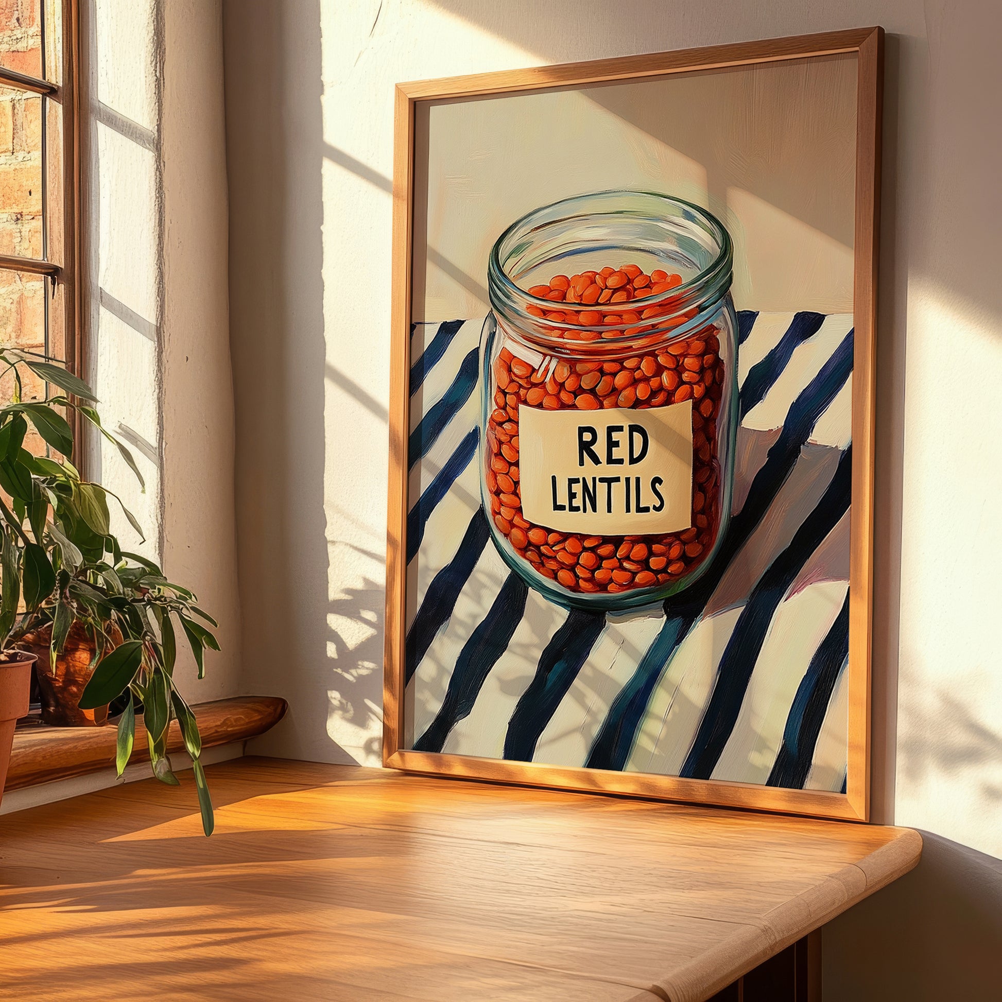 Red Lentils – on Striped Tablecloth, Pantry Painting, clean layout with no caption