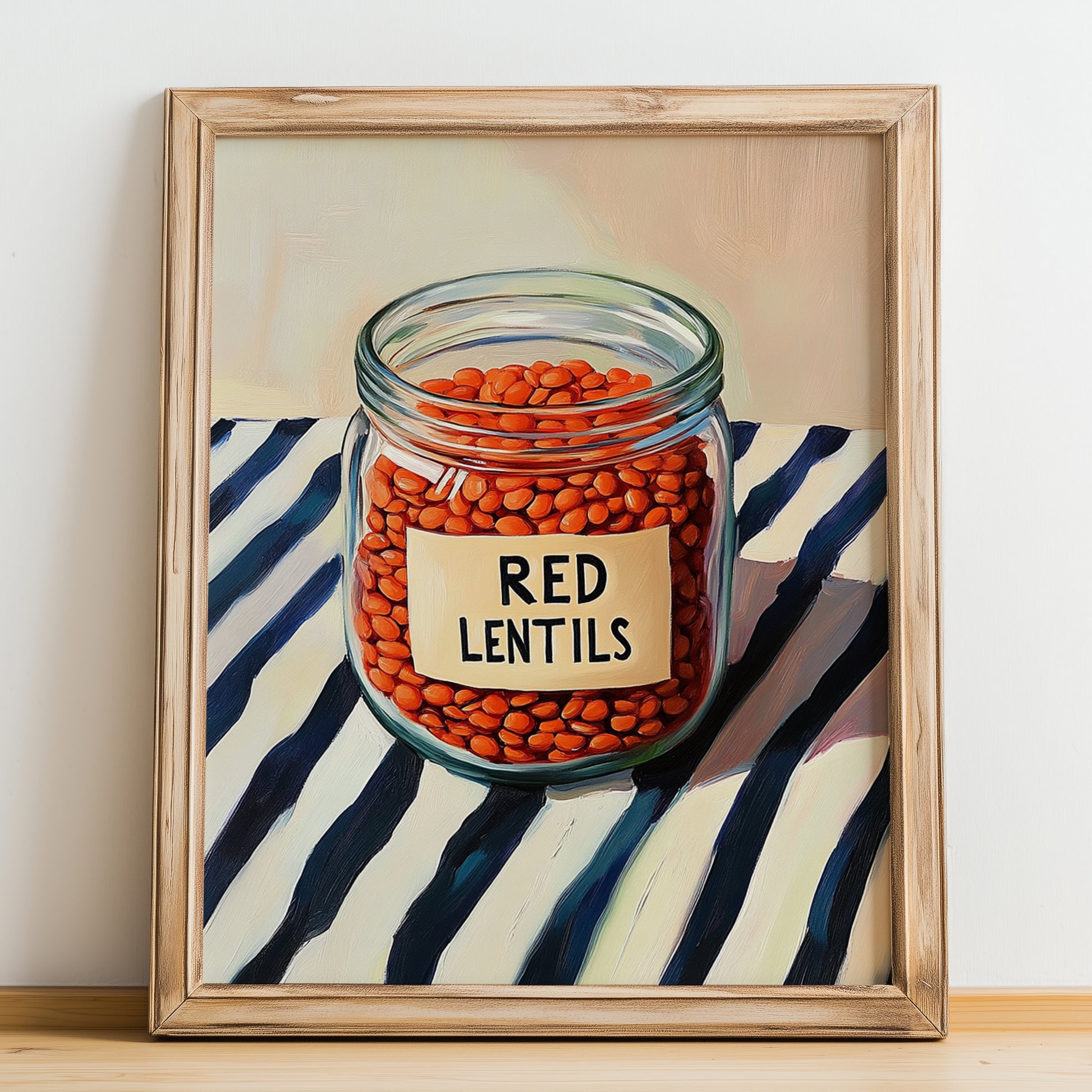 Red Lentils – on Striped Tablecloth, Pantry Painting, no-text version framed in wood