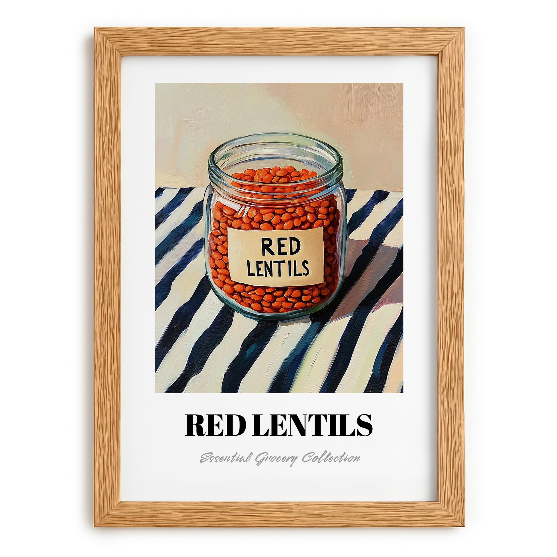 Red Lentils – on Striped Tablecloth, Pantry Painting, set in oak frame