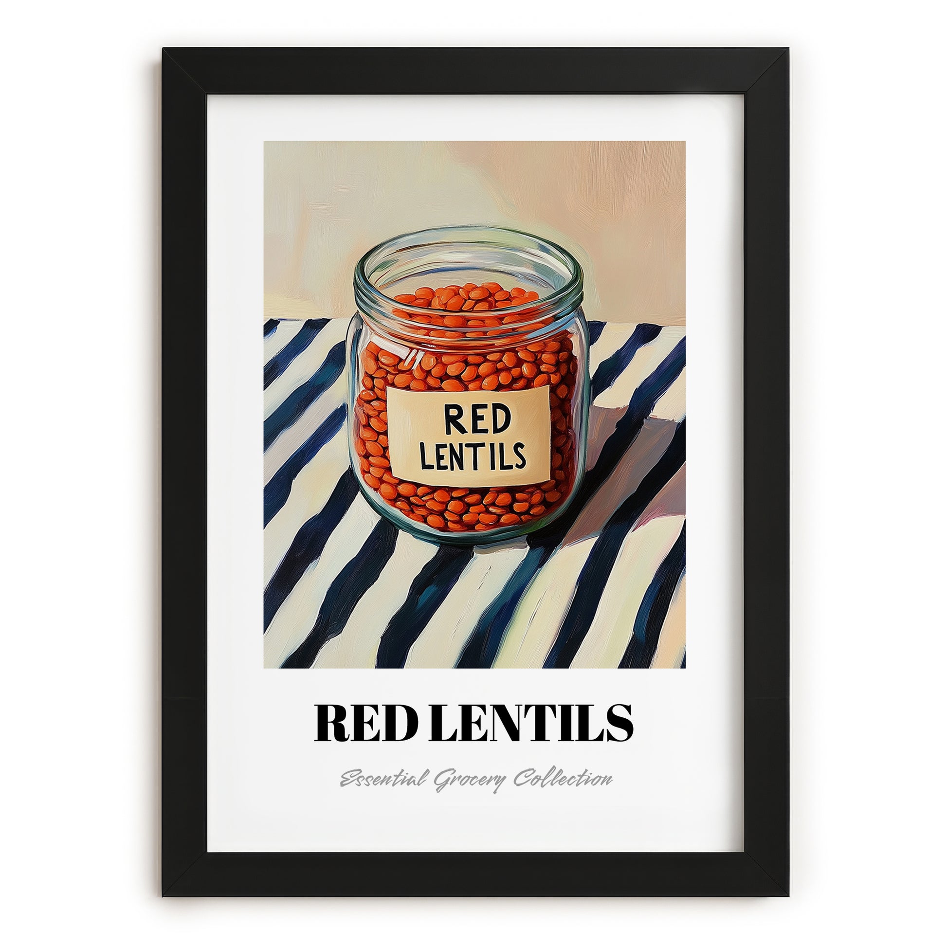 Red Lentils – on Striped Tablecloth, Pantry Painting, in sleek black frame
