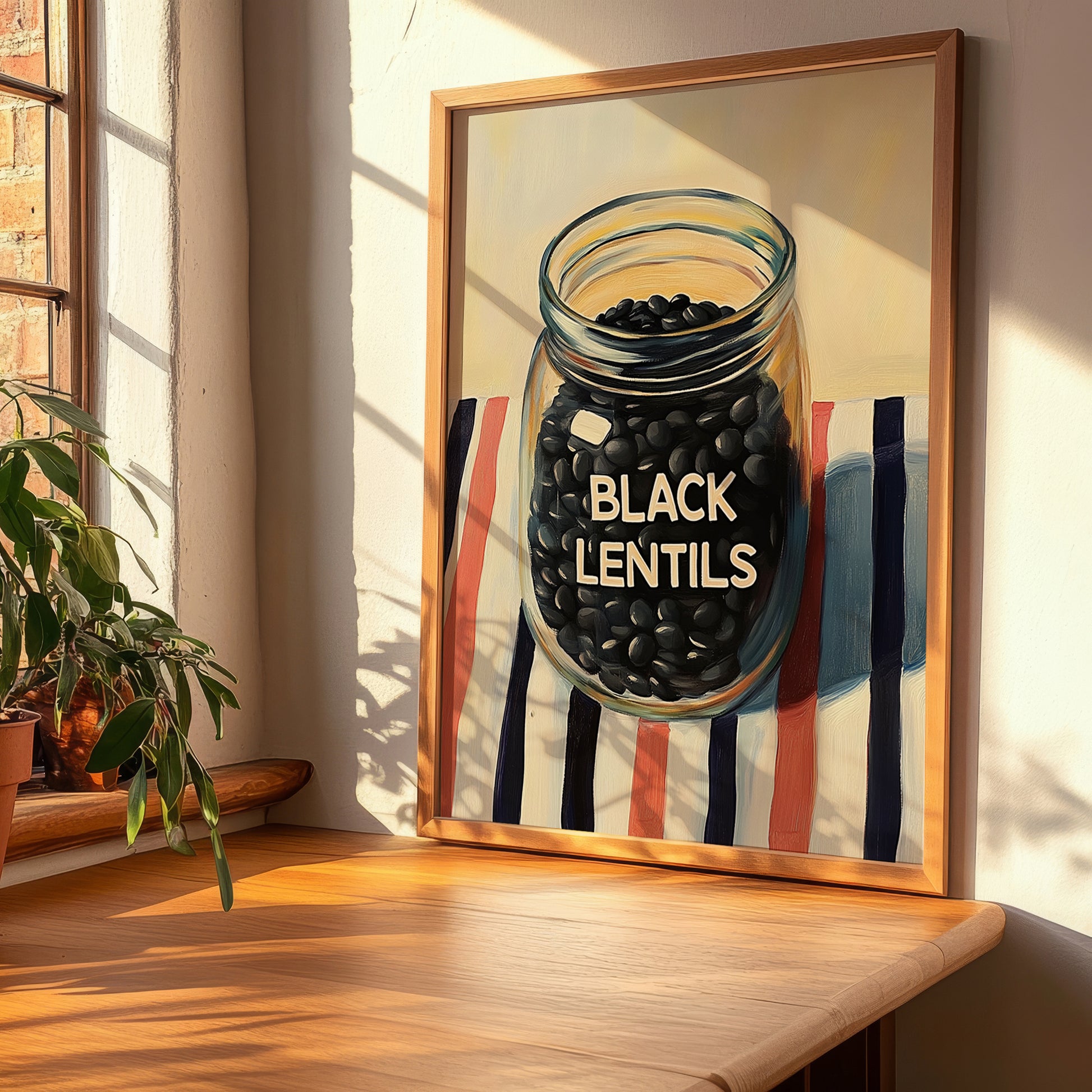 Black Lentils – on Striped Tablecloth, Food Stash Illustration, clean layout with no caption