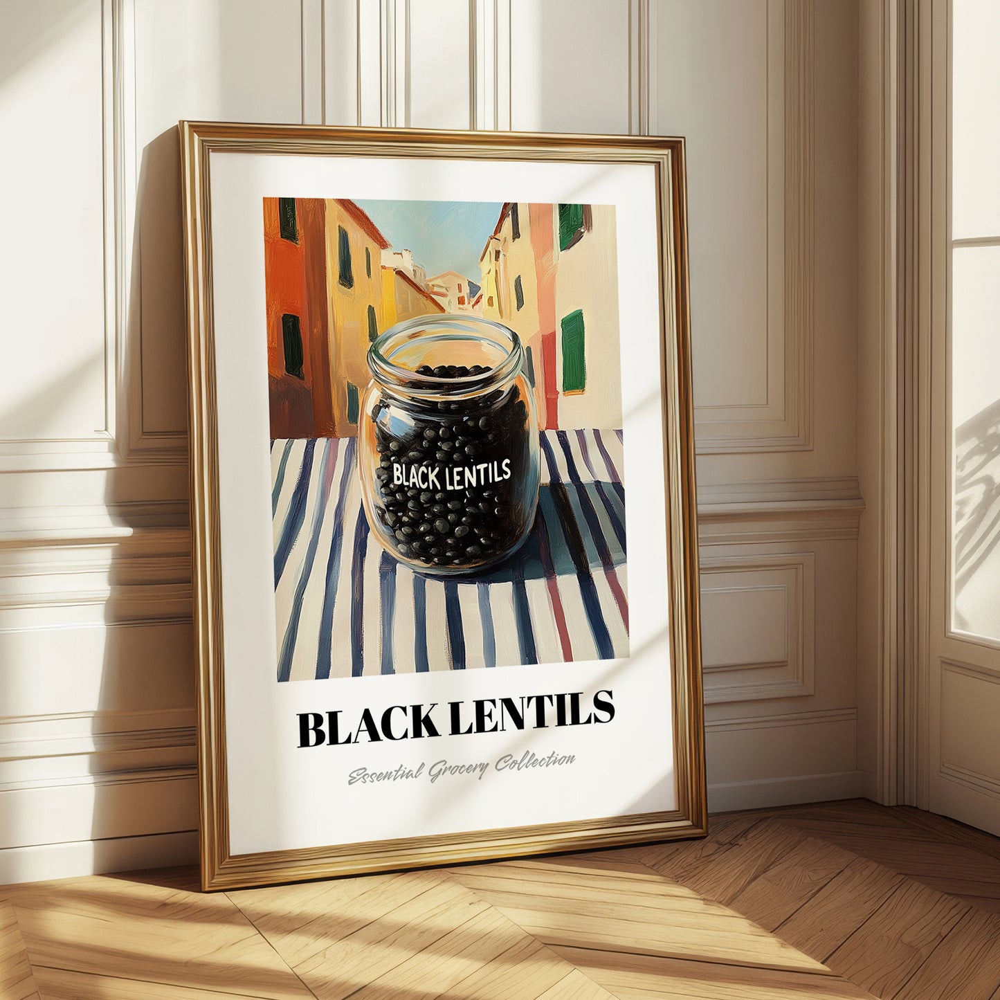 Black Lentils – Italian Street Café Scene, Food Shelf Painting