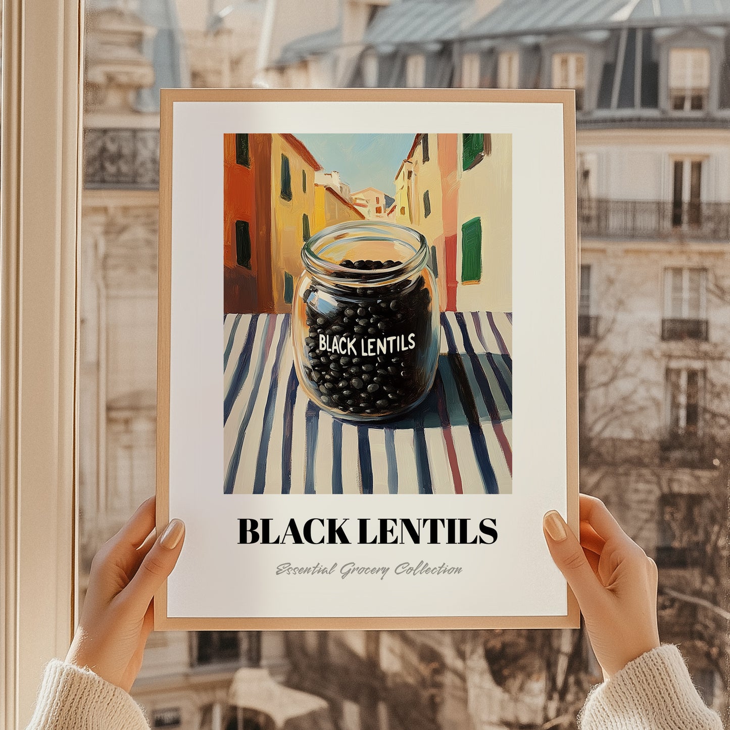 Black Lentils – Italian Street Café Scene, Food Shelf Painting, styled in a charming Paris street view