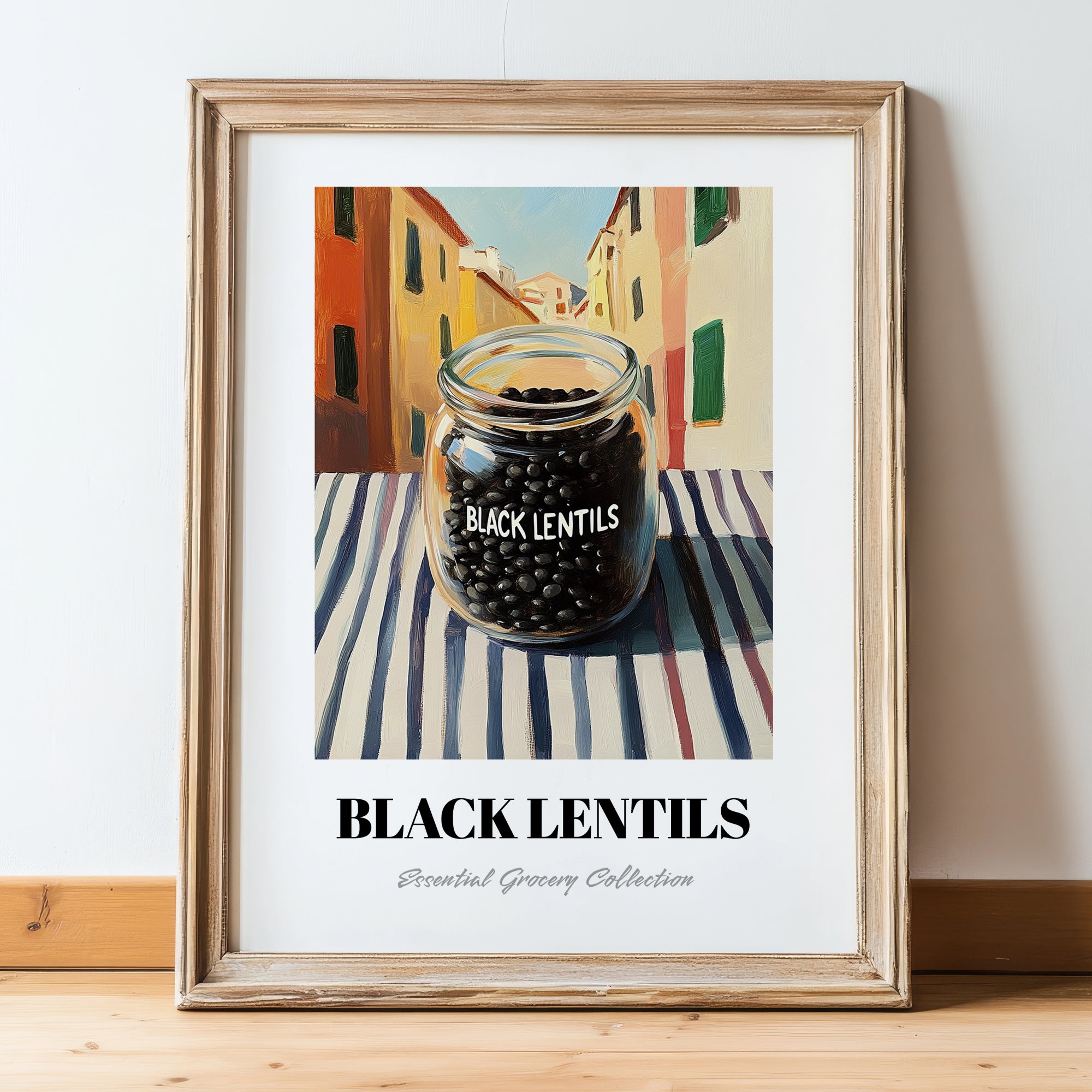Black Lentils – Italian Street Café Scene, Food Shelf Painting, in wooden frame leaning on the floor