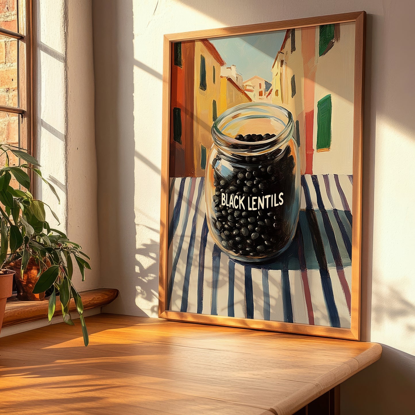Black Lentils – Italian Street Café Scene, Food Shelf Painting, clean layout with no caption