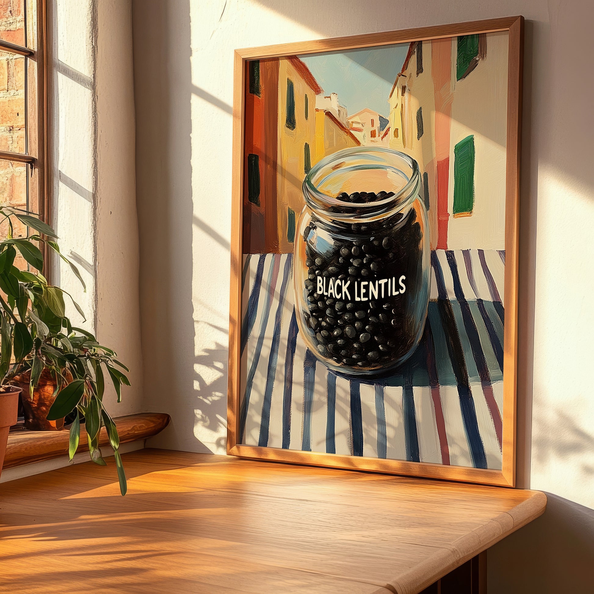 Black Lentils – Italian Street Café Scene, Food Shelf Painting, clean layout with no caption