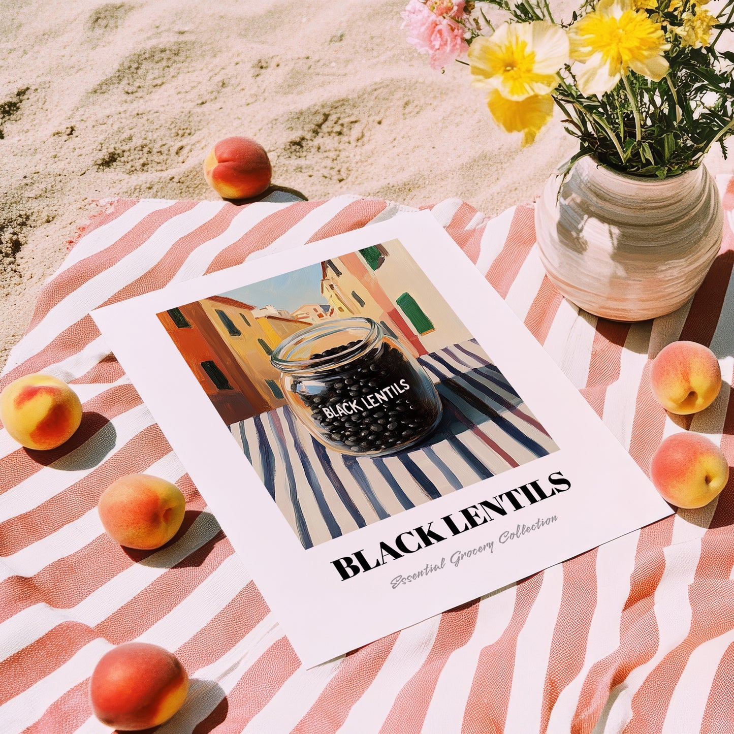 Black Lentils – Italian Street Café Scene, Food Shelf Painting, unframed on coastal sand
