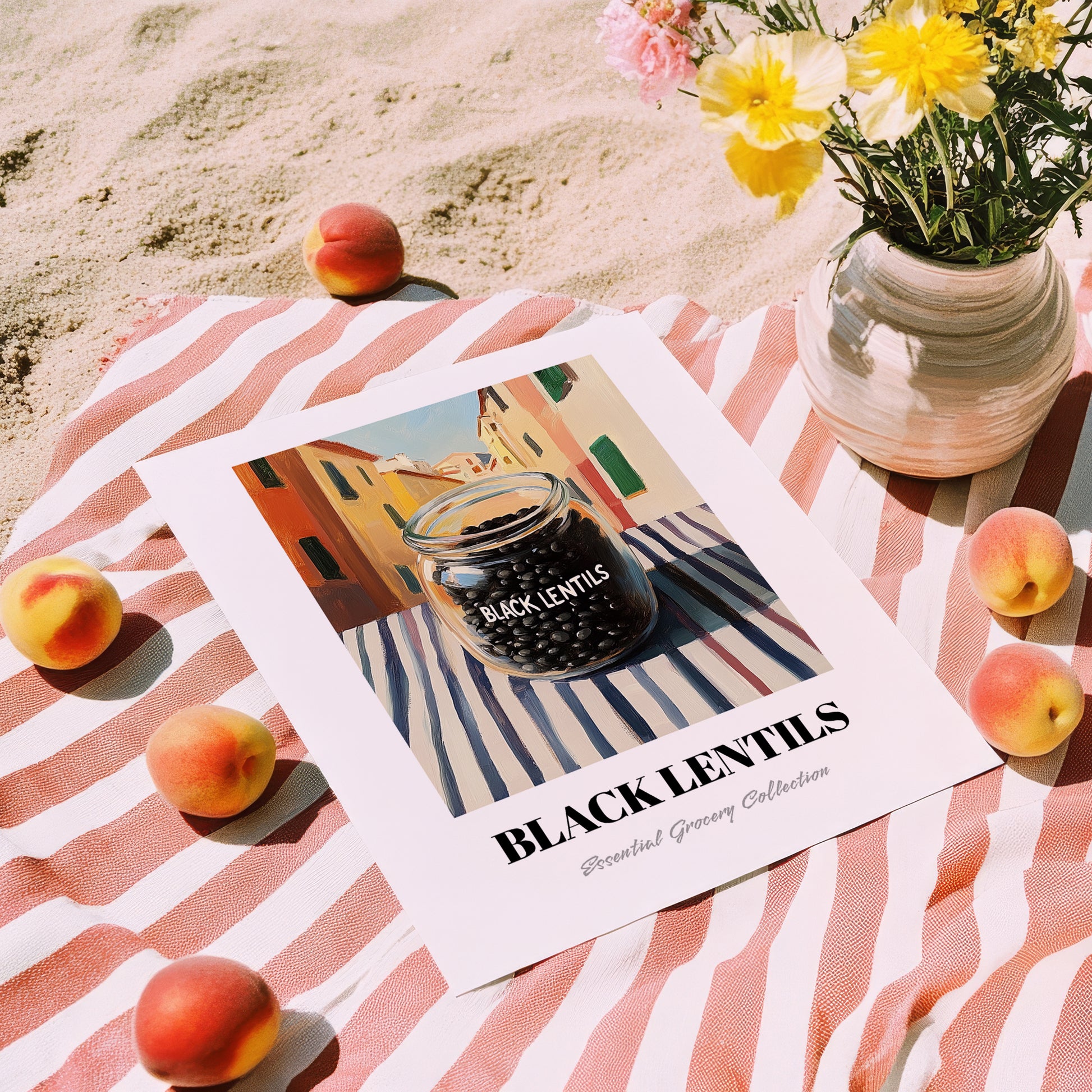 Black Lentils – Italian Street Café Scene, Food Shelf Painting, unframed on coastal sand