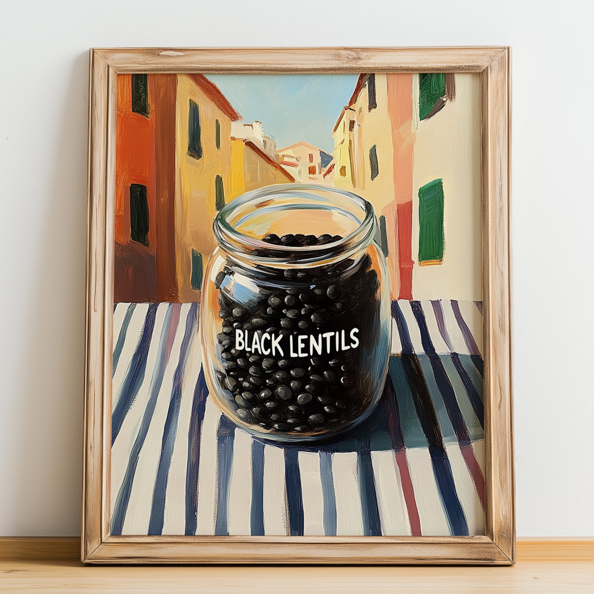 Black Lentils – Italian Street Café Scene, Food Shelf Painting, no-text version framed in wood