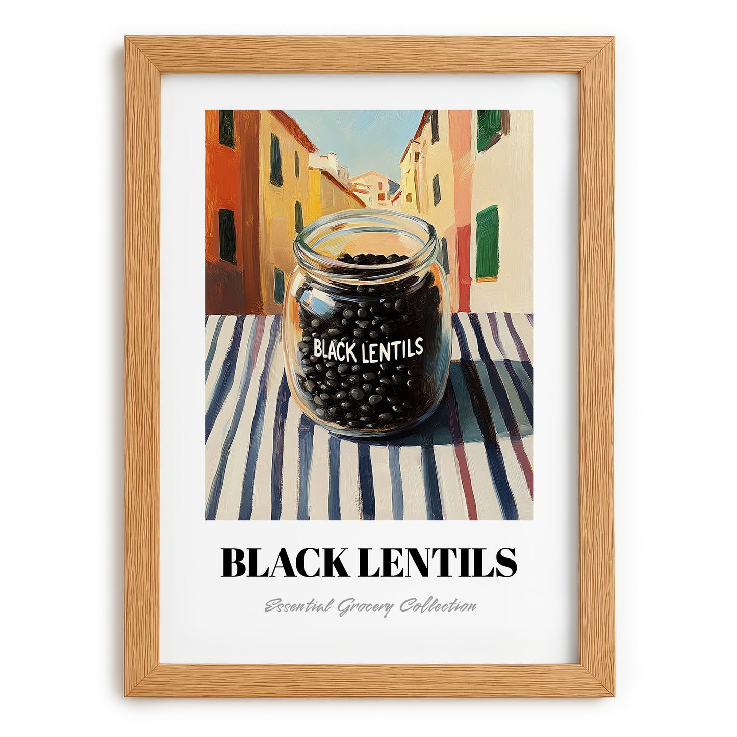Black Lentils – Italian Street Café Scene, Food Shelf Painting, set in oak frame