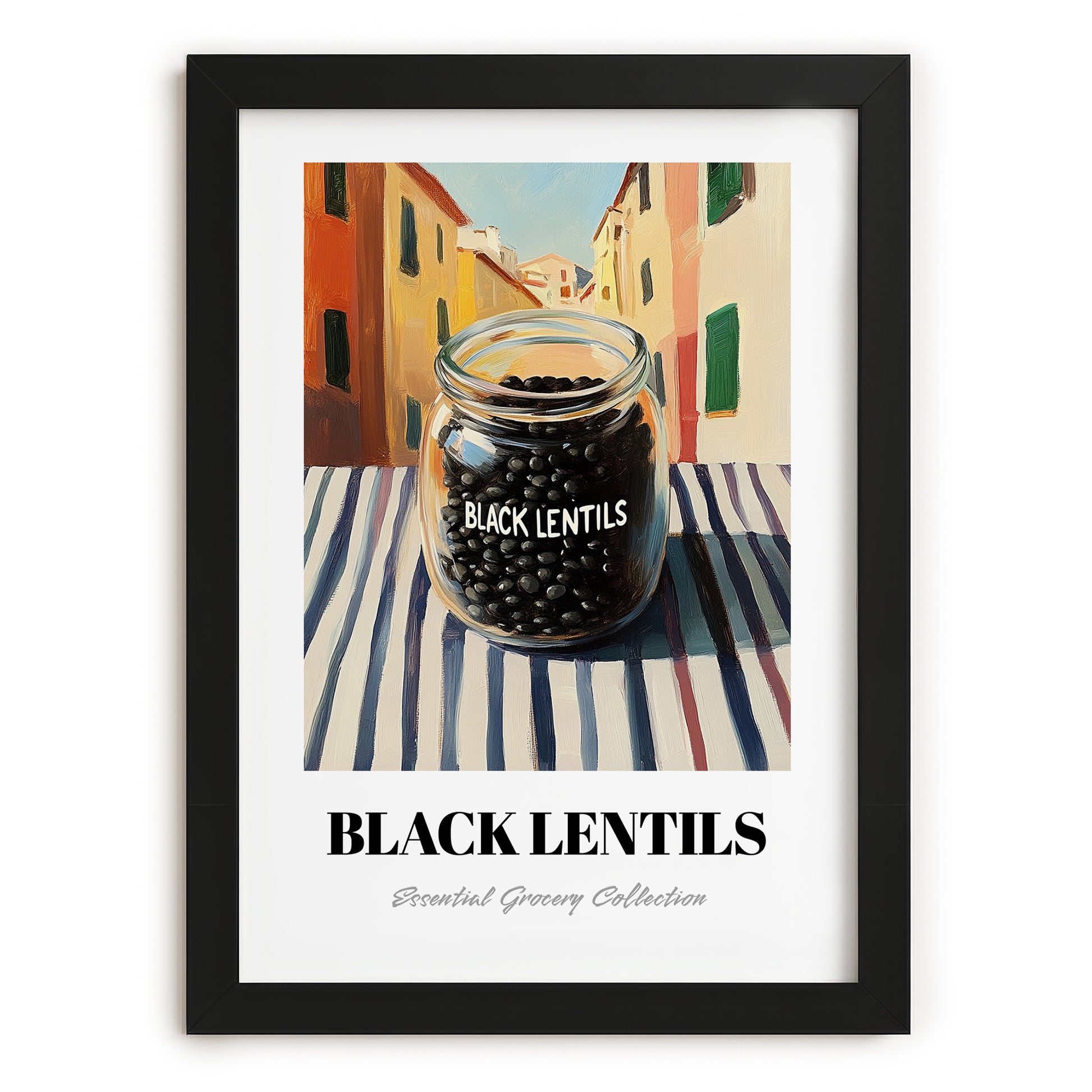 Black Lentils – Italian Street Café Scene, Food Shelf Painting, in sleek black frame