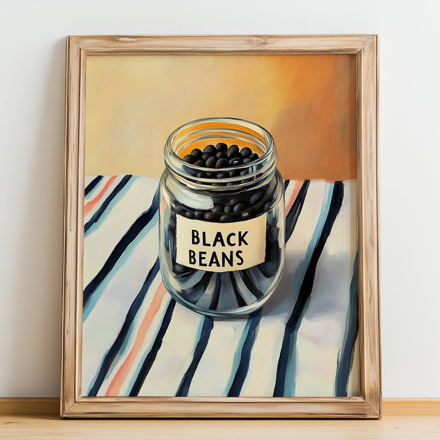 Black Beans – on Striped Tablecloth, Dry Goods Wall Art, no-text version framed in wood
