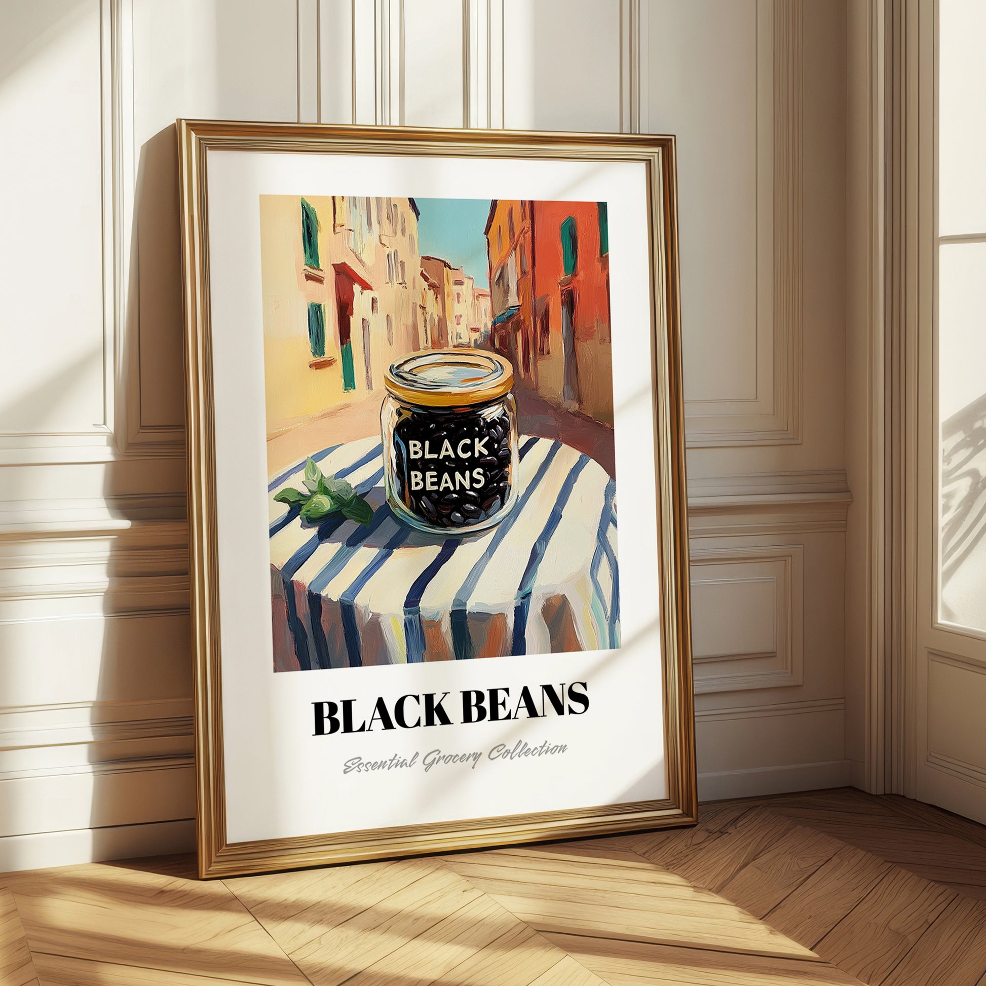 Black Beans – Italian Outdoor Café Scene, Grocery Illustration