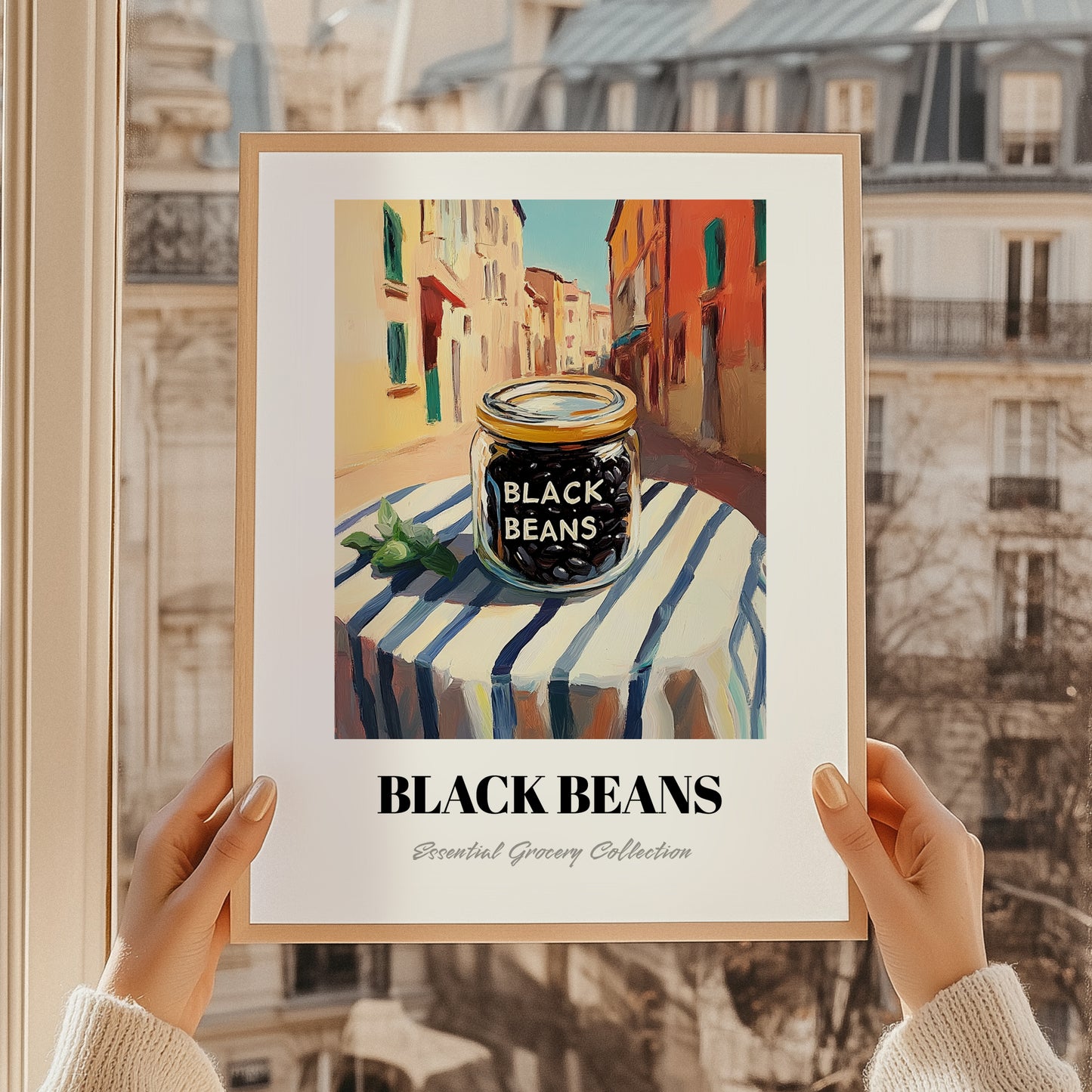 Black Beans – Italian Outdoor Café Scene, Grocery Illustration, styled in a charming Paris street view