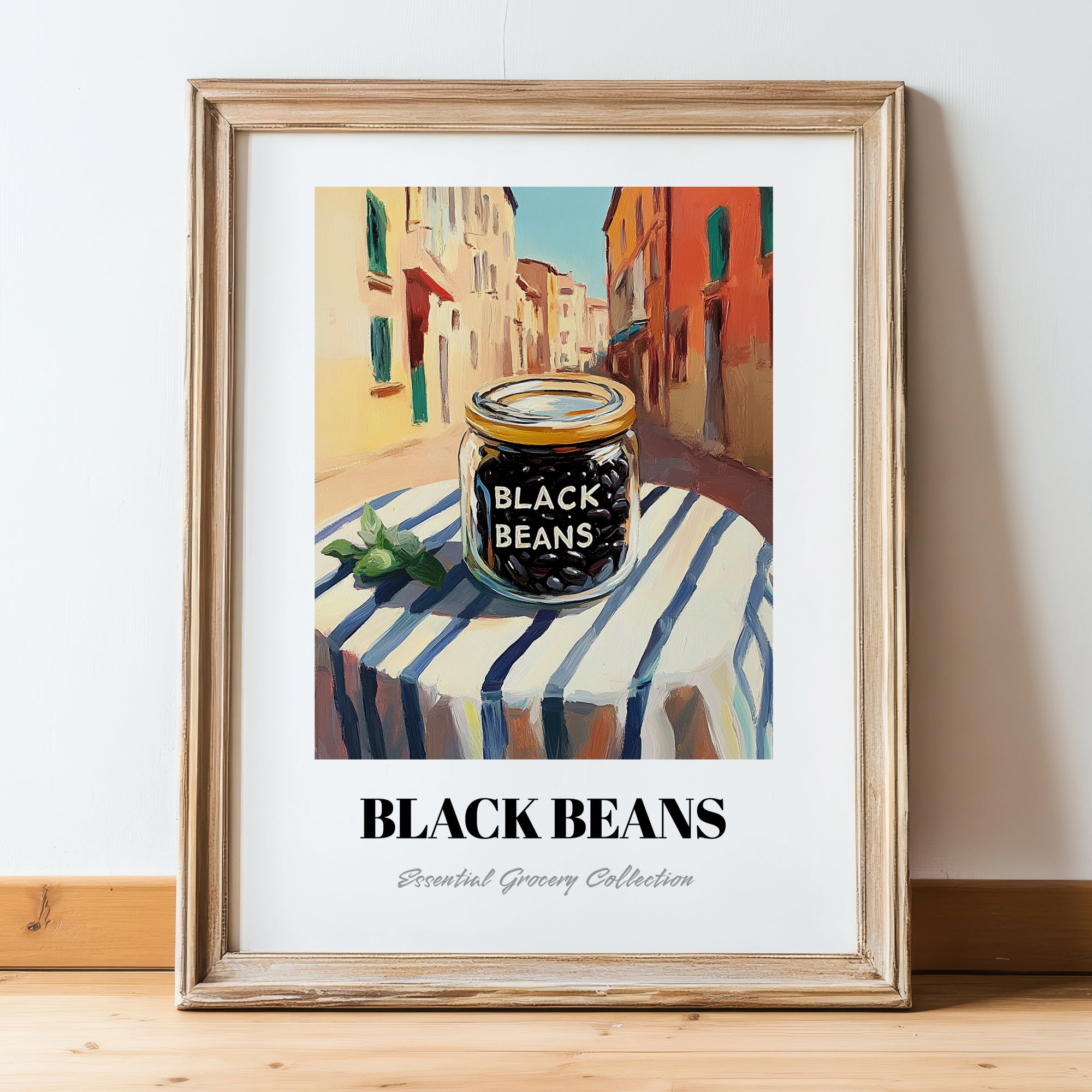 Black Beans – Italian Outdoor Café Scene, Grocery Illustration, in wooden frame leaning on the floor