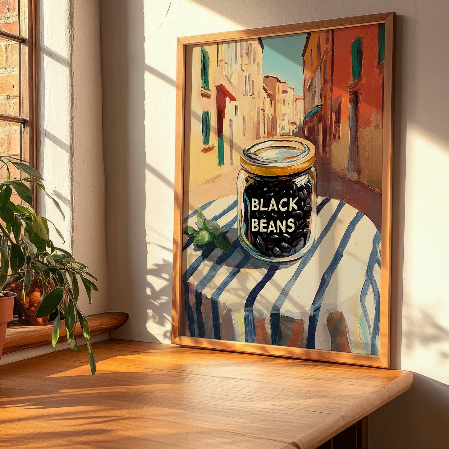 Black Beans – Italian Outdoor Café Scene, Grocery Illustration, clean layout with no caption