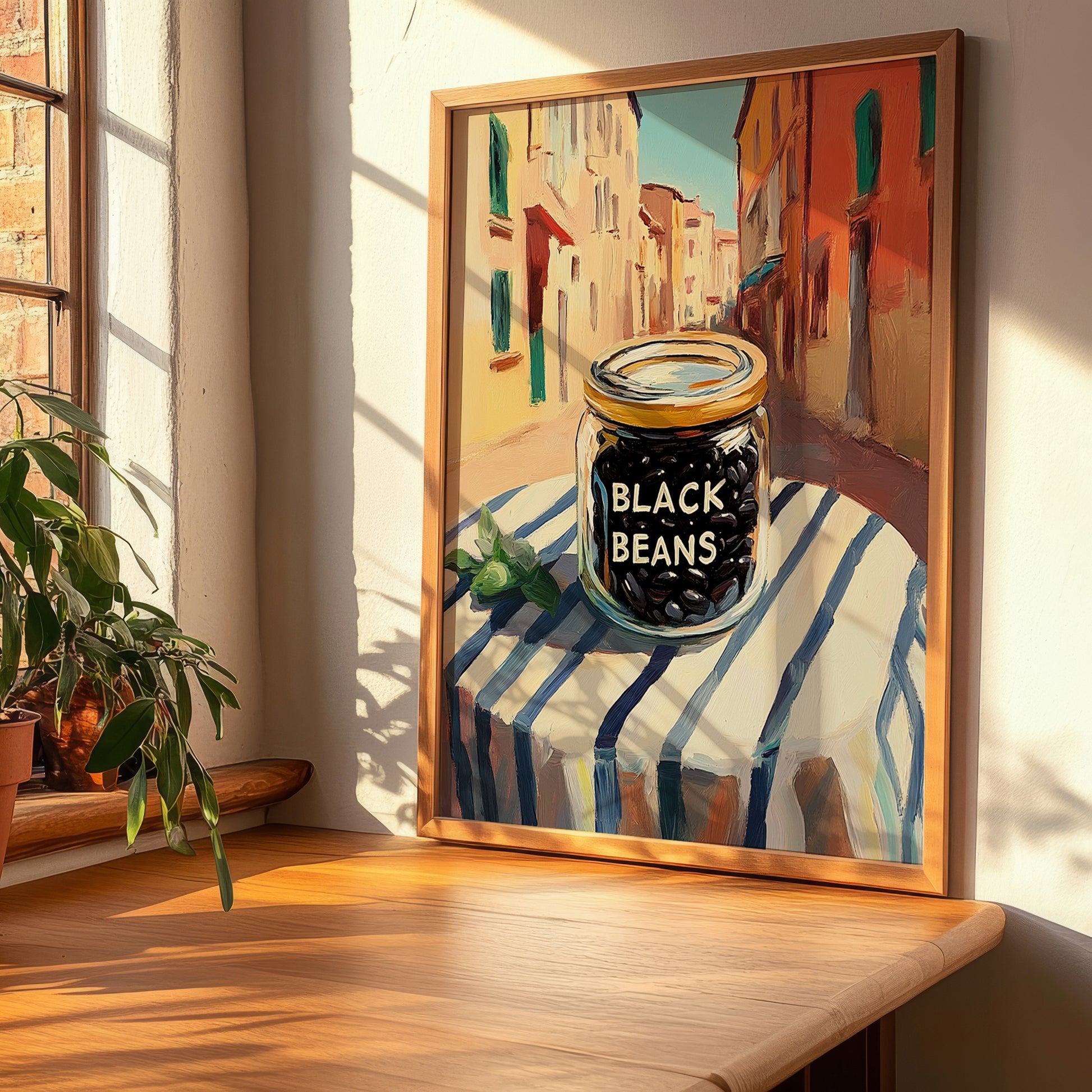 Black Beans – Italian Outdoor Café Scene, Grocery Illustration, clean layout with no caption