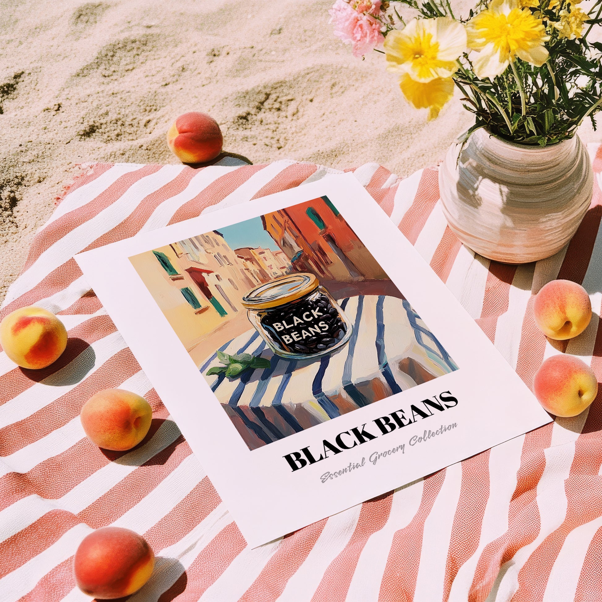 Black Beans – Italian Outdoor Café Scene, Grocery Illustration, unframed on coastal sand