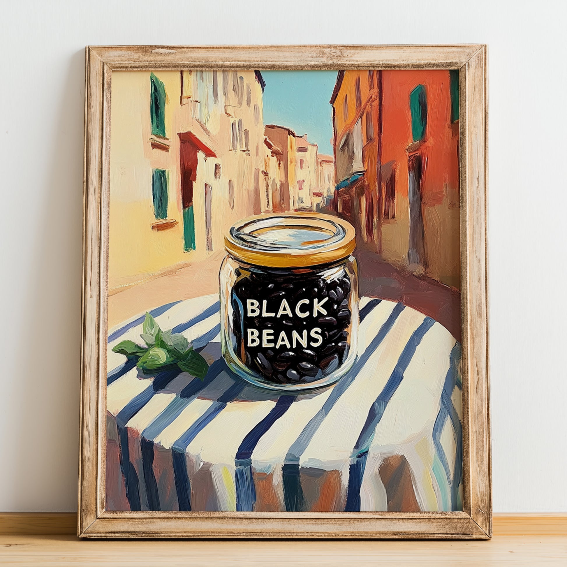 Black Beans – Italian Outdoor Café Scene, Grocery Illustration, no-text version framed in wood