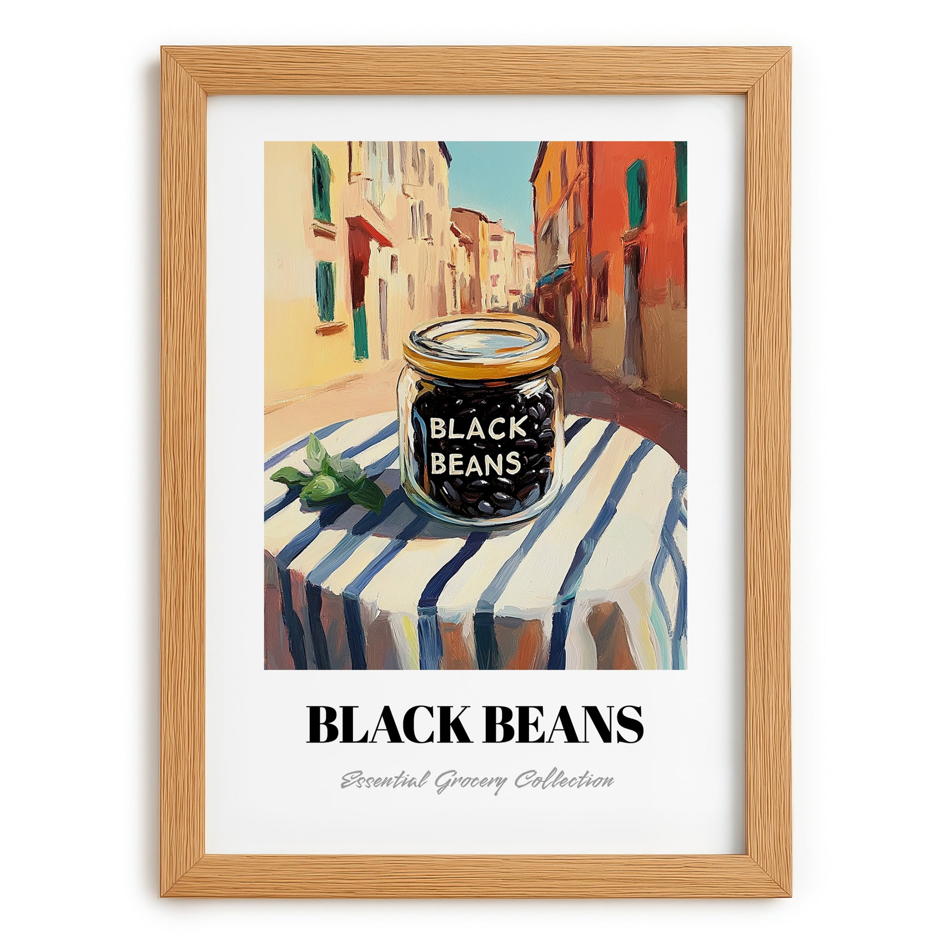 Black Beans – Italian Outdoor Café Scene, Grocery Illustration, set in oak frame
