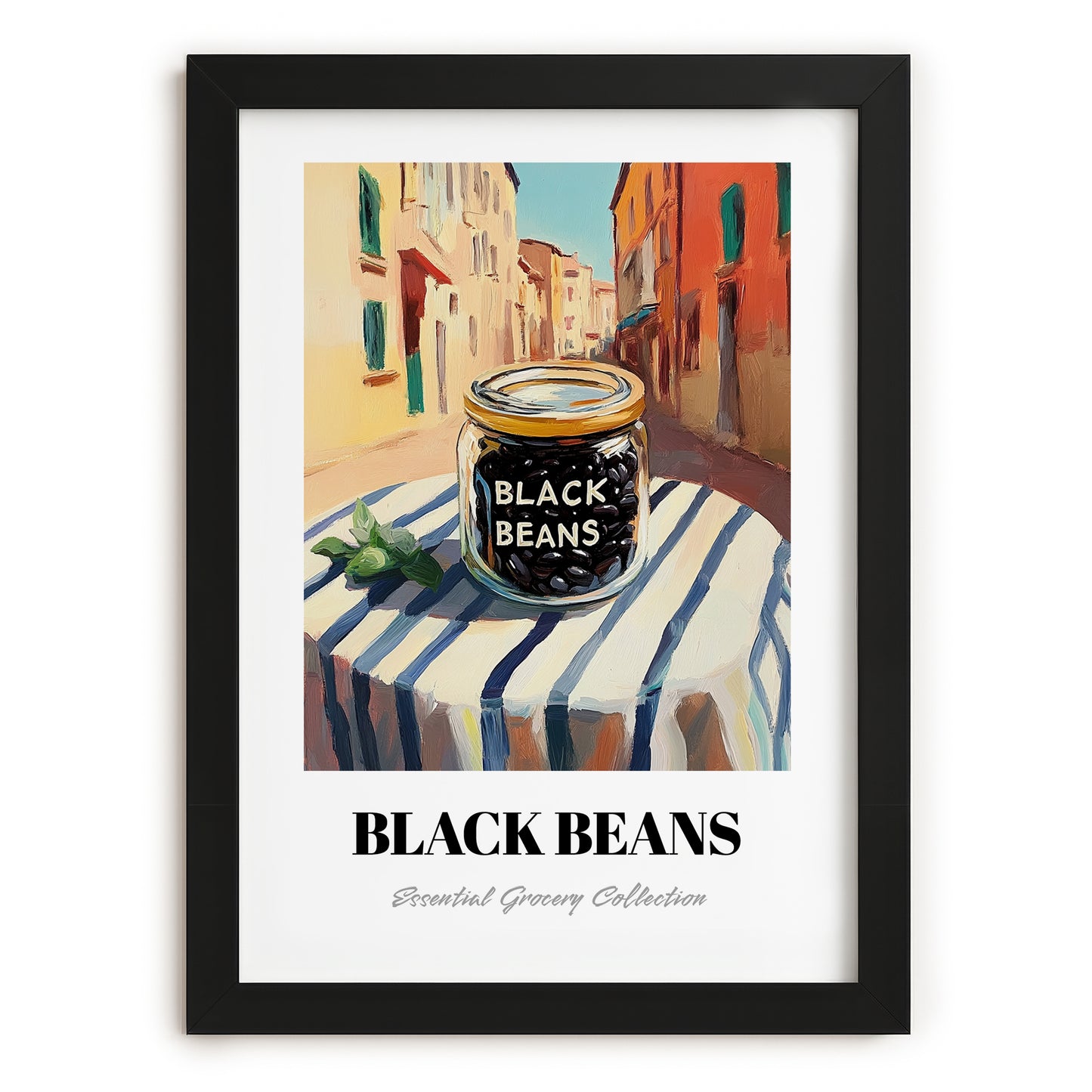 Black Beans – Italian Outdoor Café Scene, Grocery Illustration, in sleek black frame
