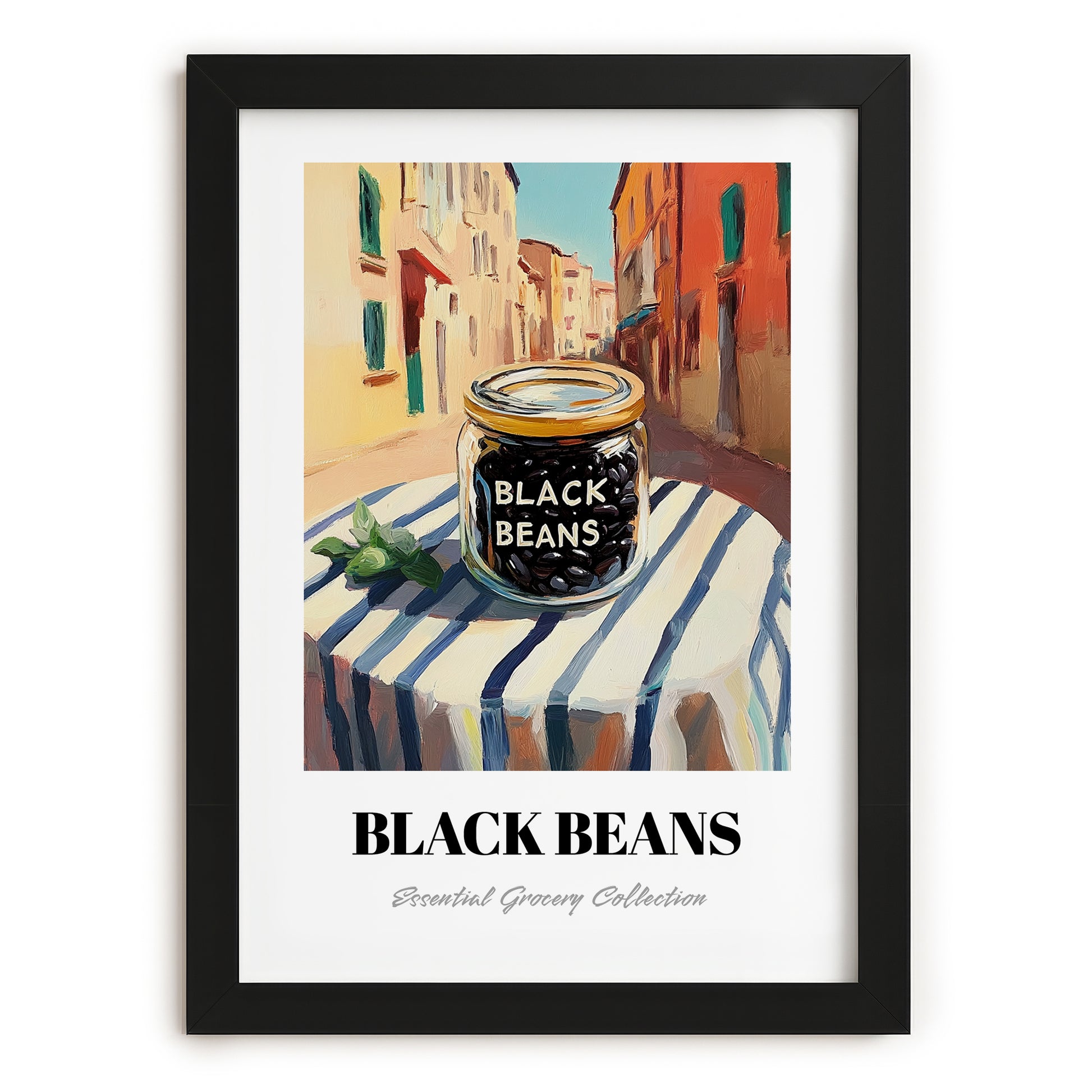 Black Beans – Italian Outdoor Café Scene, Grocery Illustration, in sleek black frame