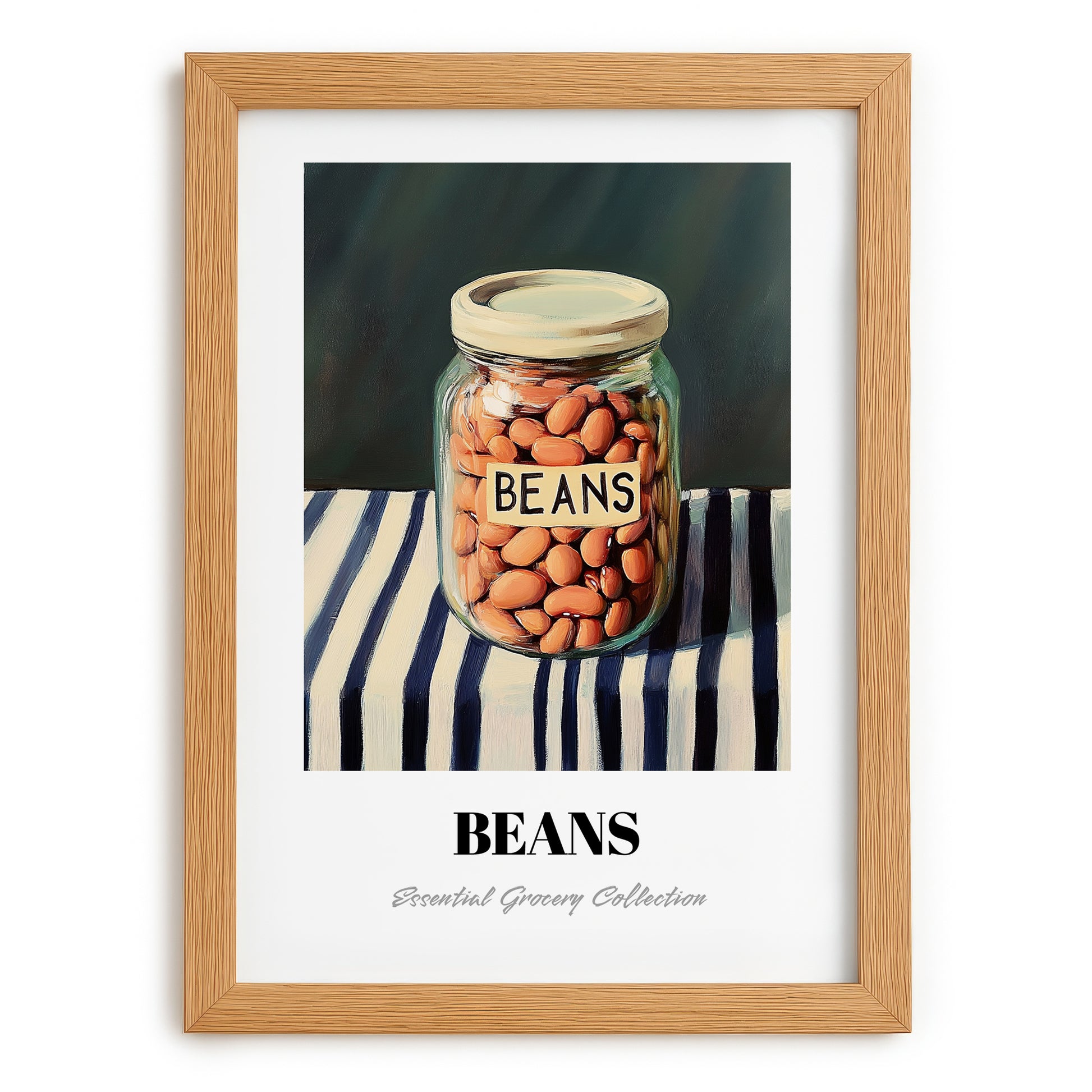 Beans – on Striped Tablecloth, Ingredients Corner Wall Decor, set in oak frame