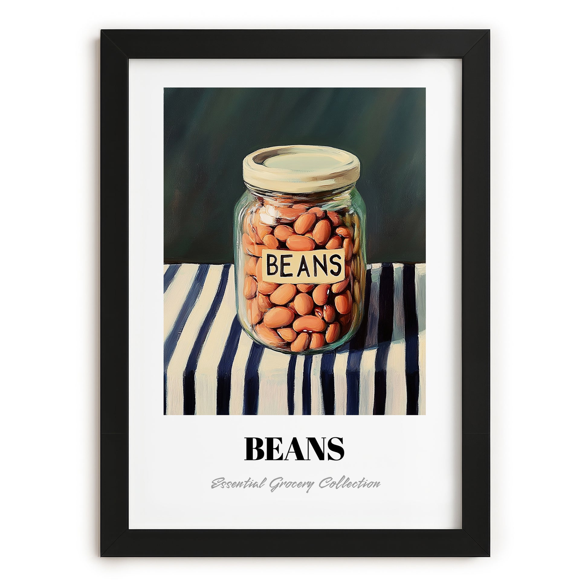 Beans – on Striped Tablecloth, Ingredients Corner Wall Decor, in sleek black frame