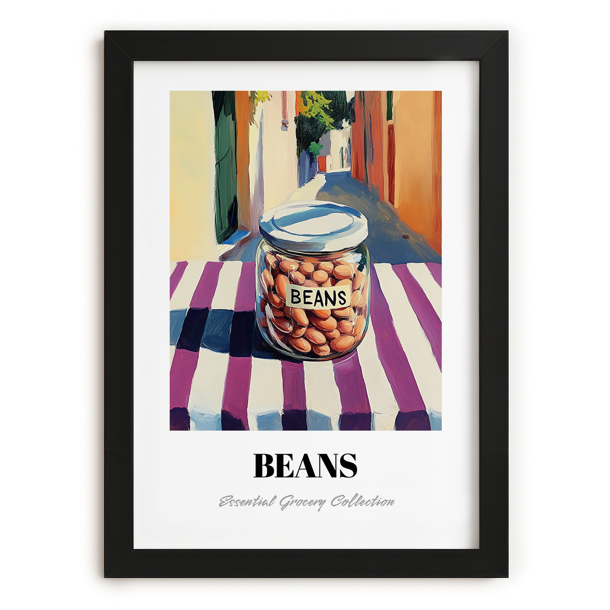 Beans – Italian Café on the Corner, Food Shelf Wall Illustration, in sleek black frame