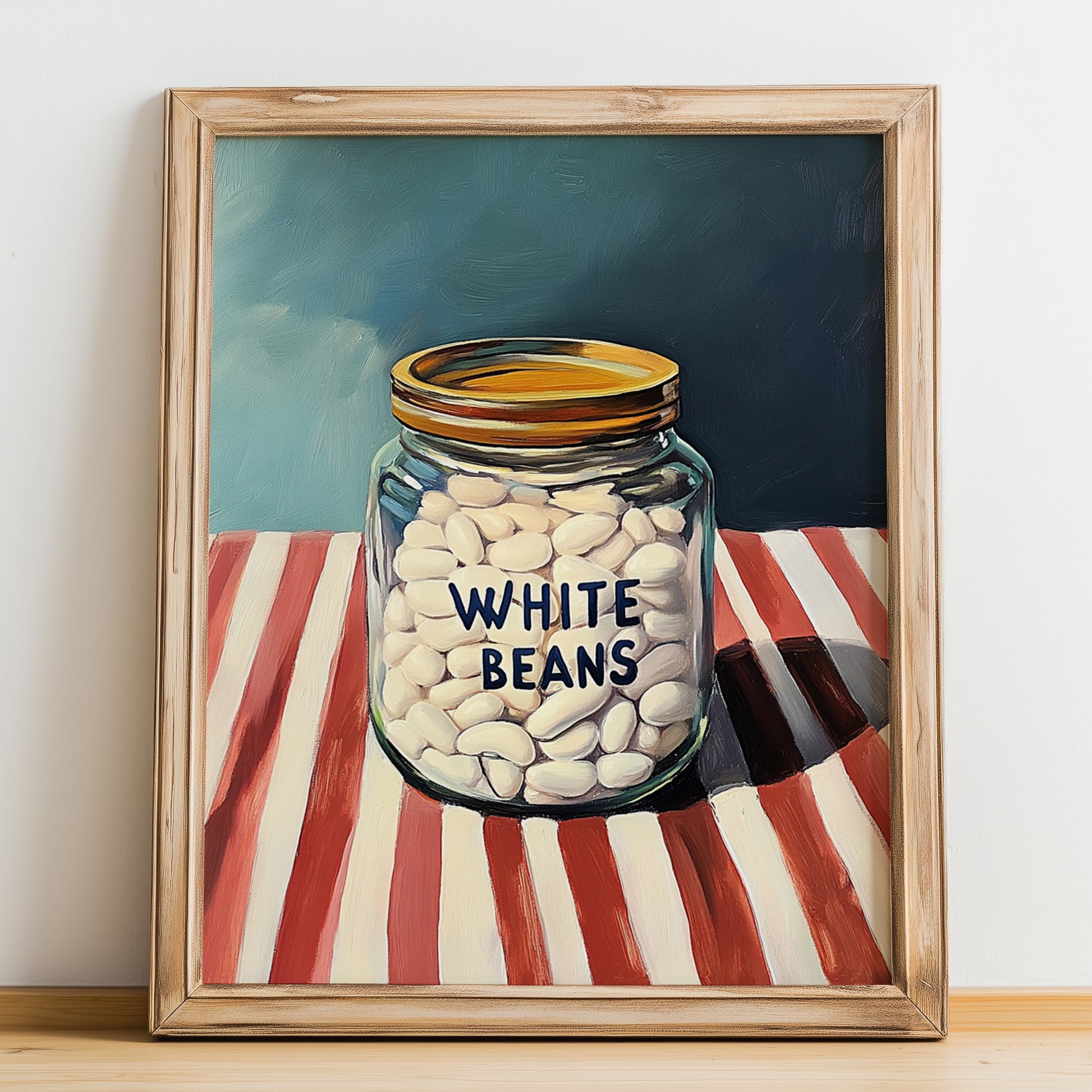 White Beans – on Striped Tablecloth, Grocery Painting, no-text version framed in wood