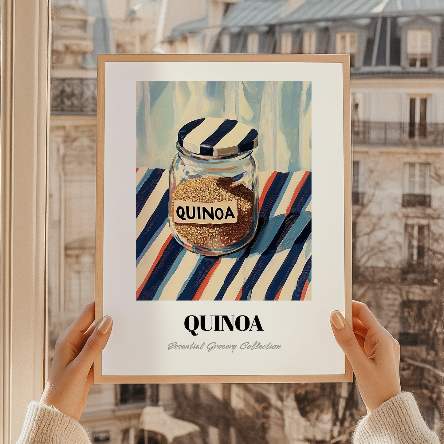 Quinoa – on Striped Tablecloth, Larder Still Life, styled in a charming Paris street view